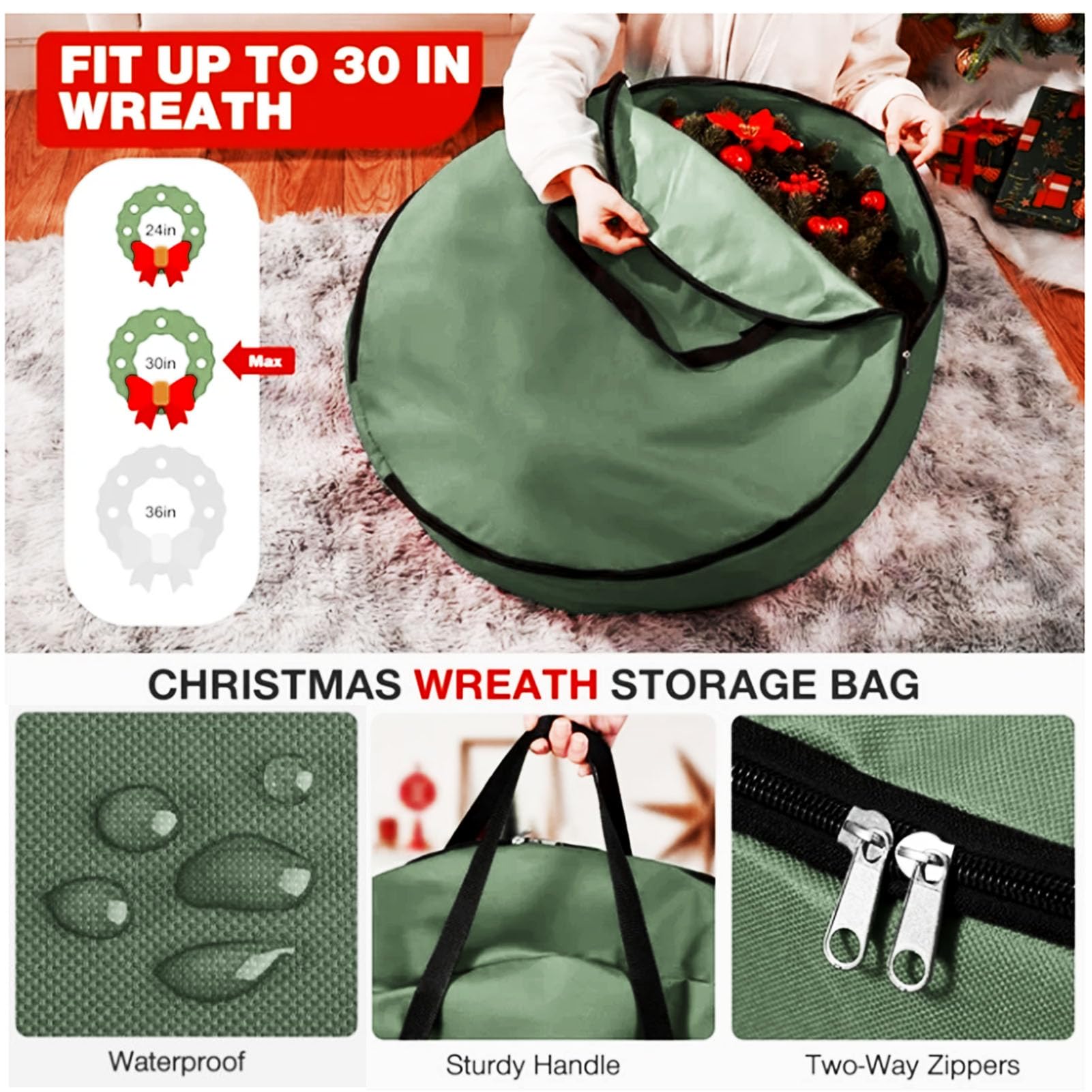 Artificial Tree Storage Bag Set, Large Capacity Tree Bag Watertight Oxford Cloth Holiday Storage Bags for 7.5ft Artificial Tree, Includes 2 Square & 1 Round Bags (Green)