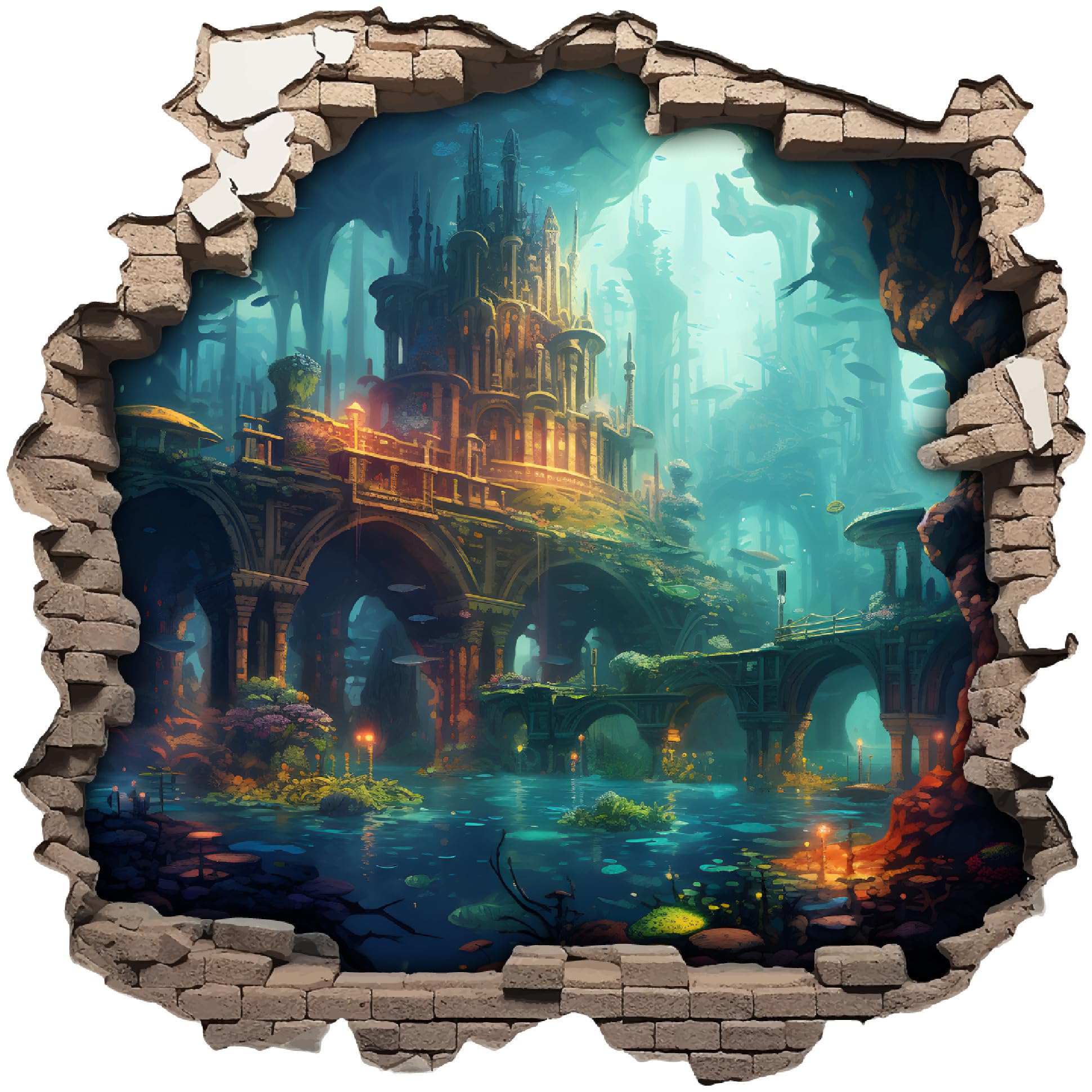 Wandtattoo Wandriss mit Unterwasser Schloß Fenster in andere Welt Portal Schiffsfenster Kinderzimmer Wandaufkleber (70x70cm Unterwasser Schloß)
