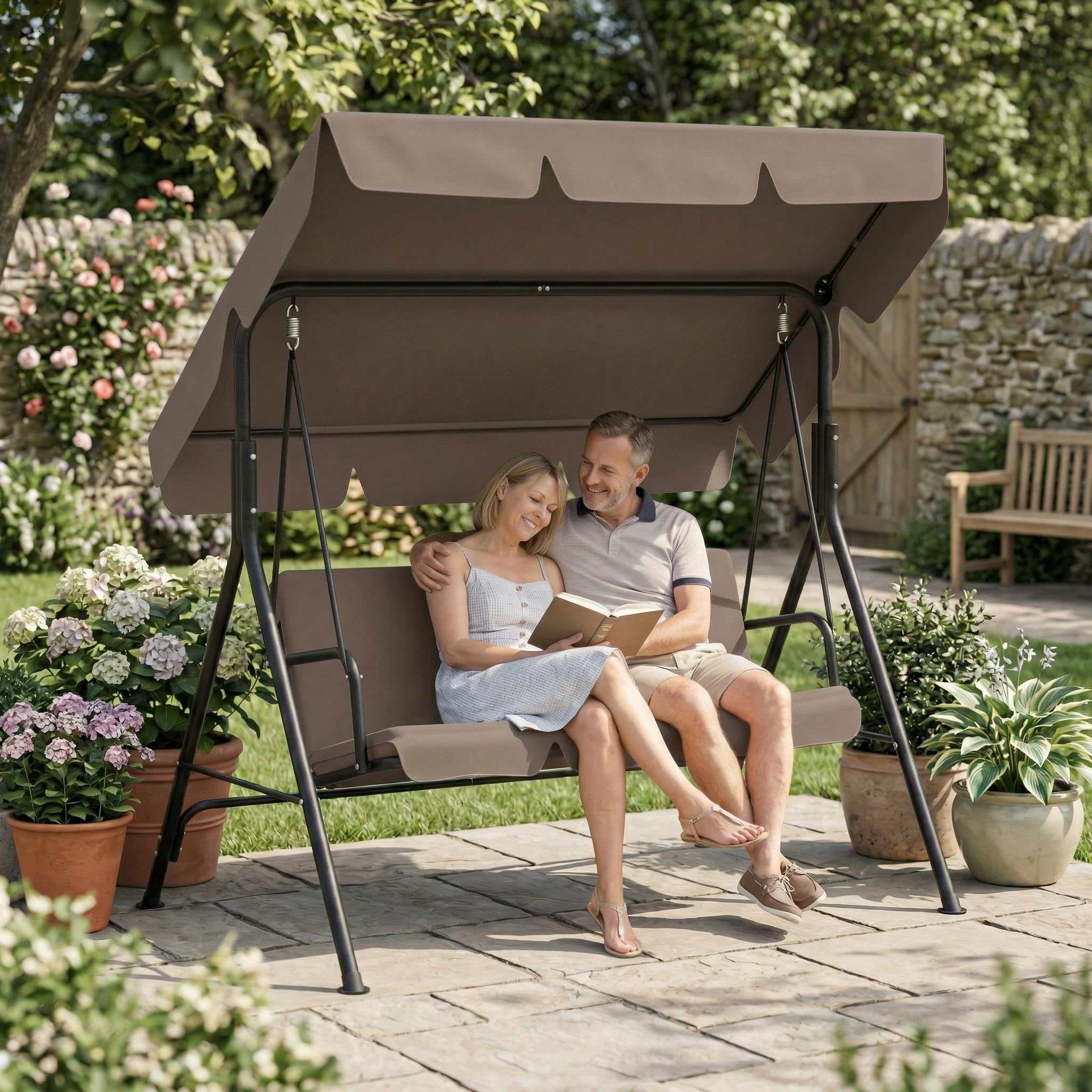 SAILUN 3-Seater Outdoor Canopy Swing Chair, Heavy Duty Patio Swing with Adjustable Sunshade, Weatherproof Garden Furniture, 200KG Capacity, for Garden, Patio, Balcony, Dark Brown 176x110x152cm