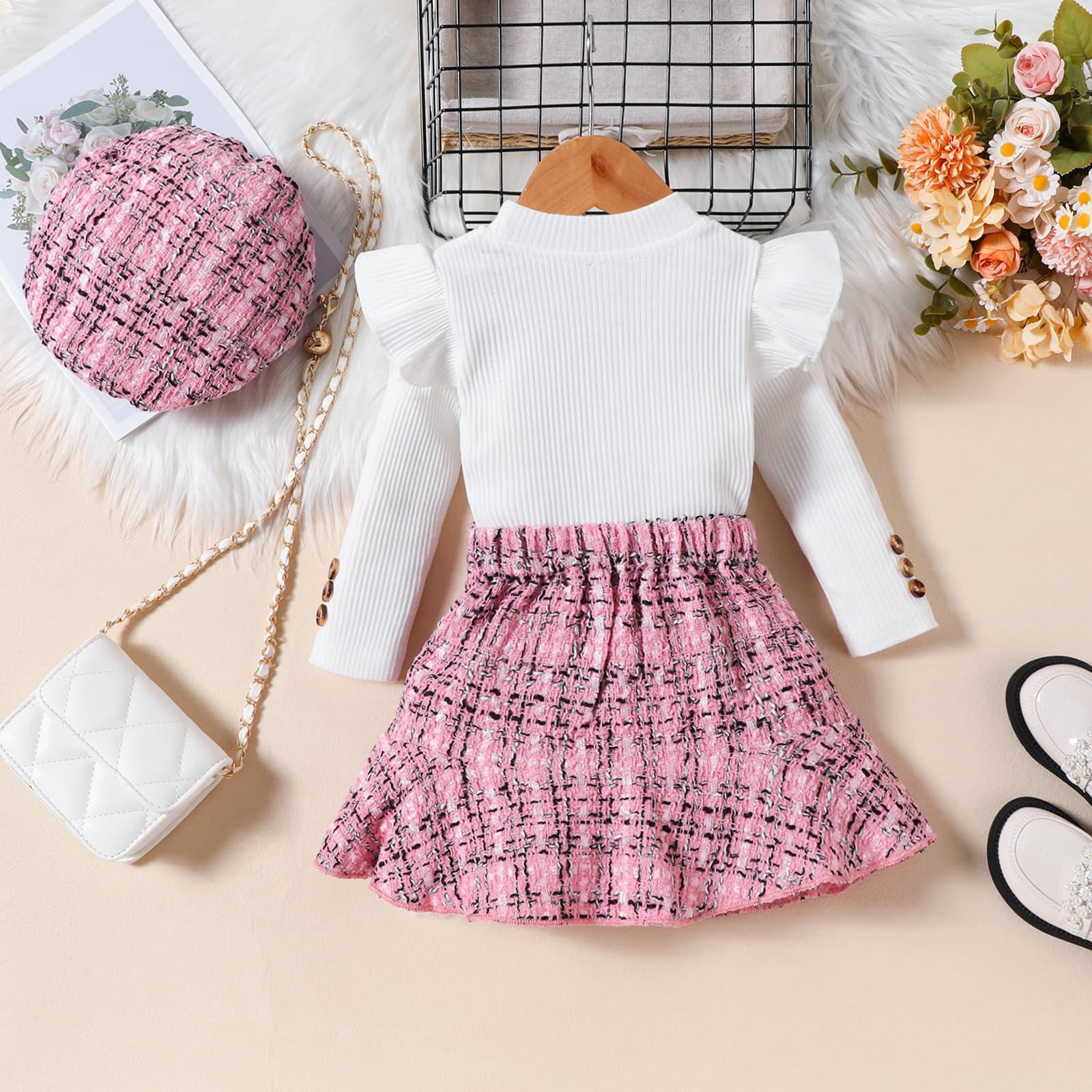 Vestiti per Bambine Maniche Lunghe Top a Coste Motivo Scozzese in Tweed Gonna Basco Bottoni Set Di Abiti