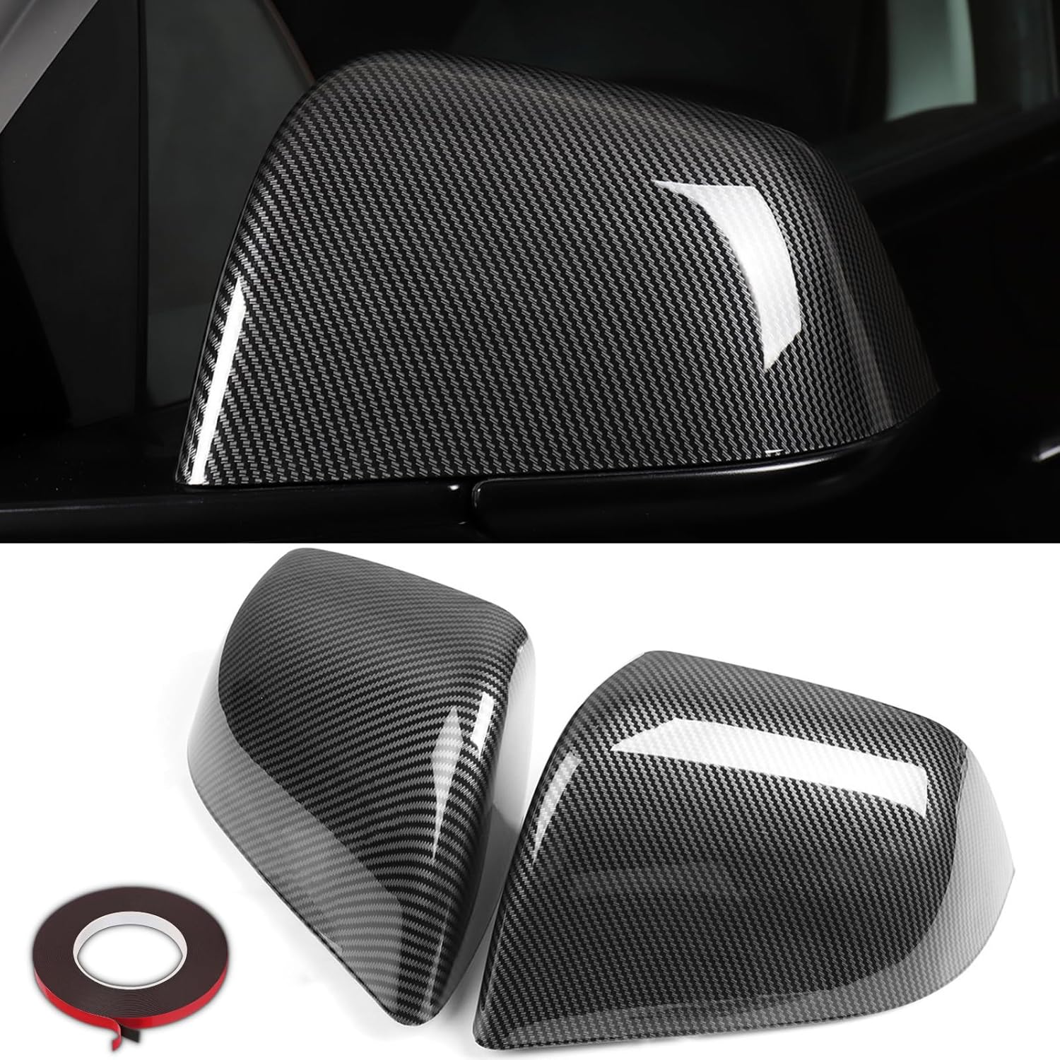 Carbon Fiber Side Mirror Cover Caps for Tesla Model Y 2023-2020, Pair, Replacement, Round, Special Feature: Carbon Fiber Design