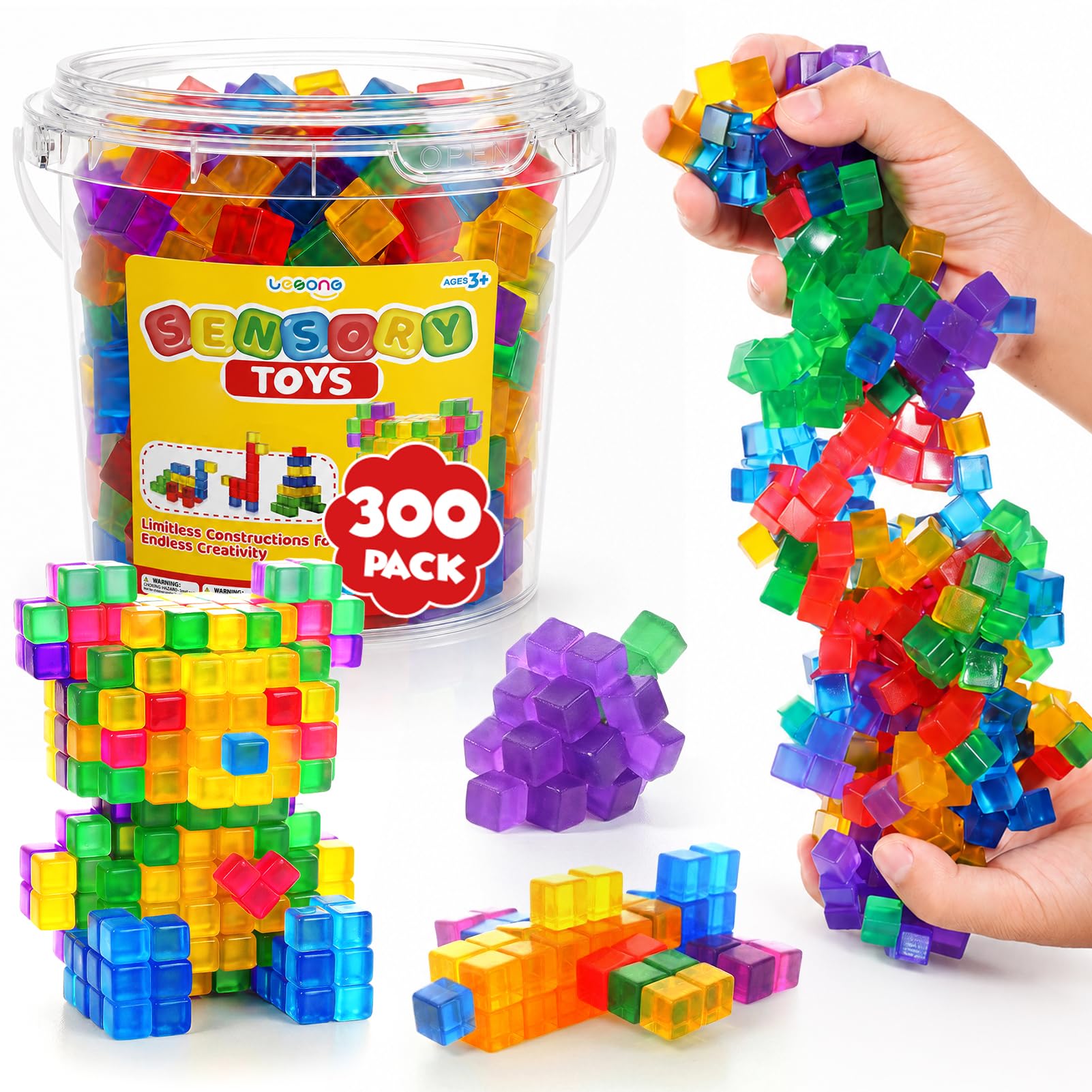 LESONG Mini Sticky Stacking Cubes for Kids: 300 PCS Bulk Classroom Sharing Set, Washable Squishy Sensory Building Toy with Storage Bucket, 0.39 Inch Cubes for Group Play, Sorting, 2D &amp; 3D Builds