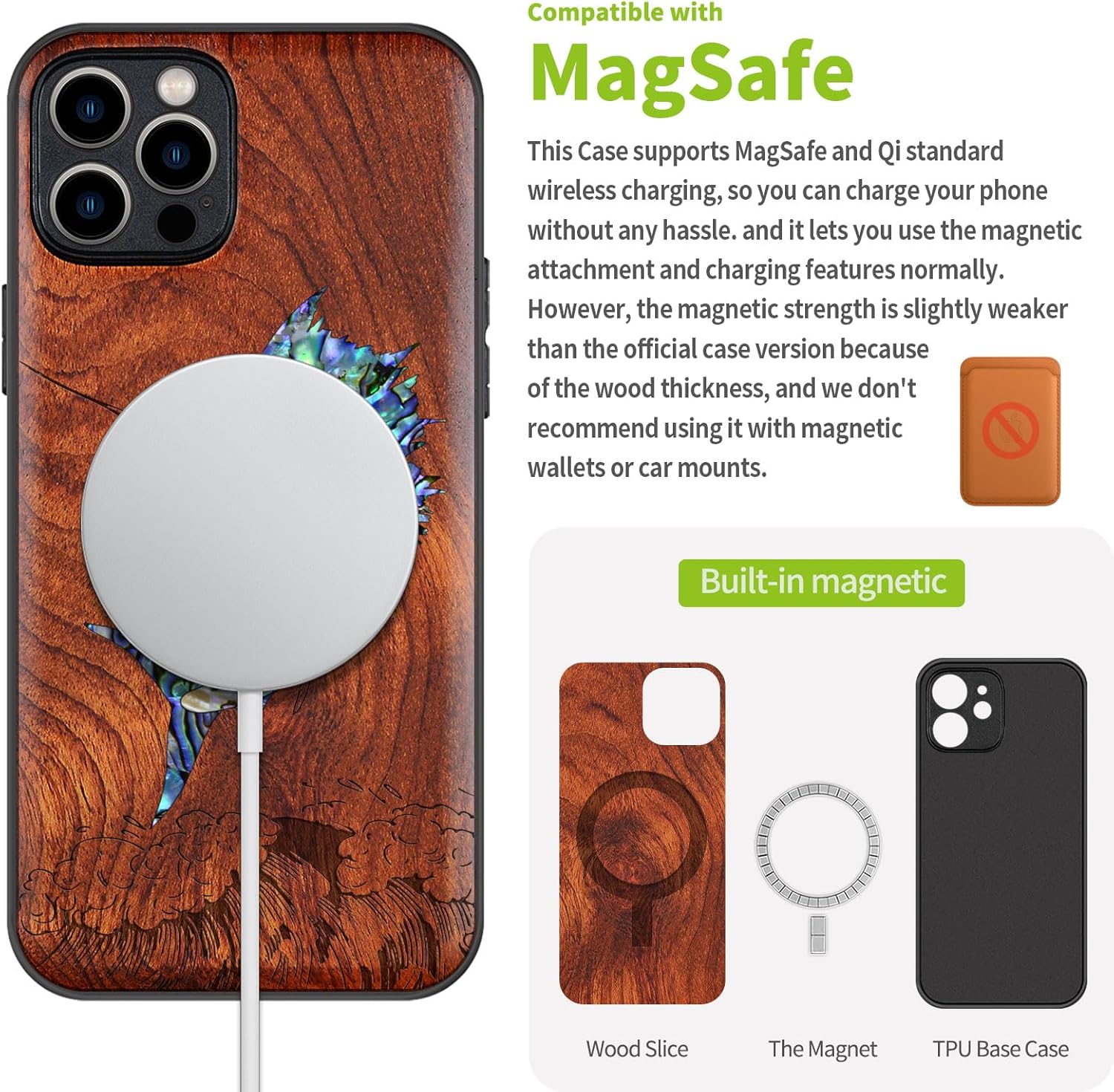 Carveit Designer Wooden Protective Case for iPhone 12 Pro Max Magnetic Cover [Wood Engraving & Shell Inlay] Compatible with 12 Pro Max MagSafe (Soaring Marlin-Rosy)