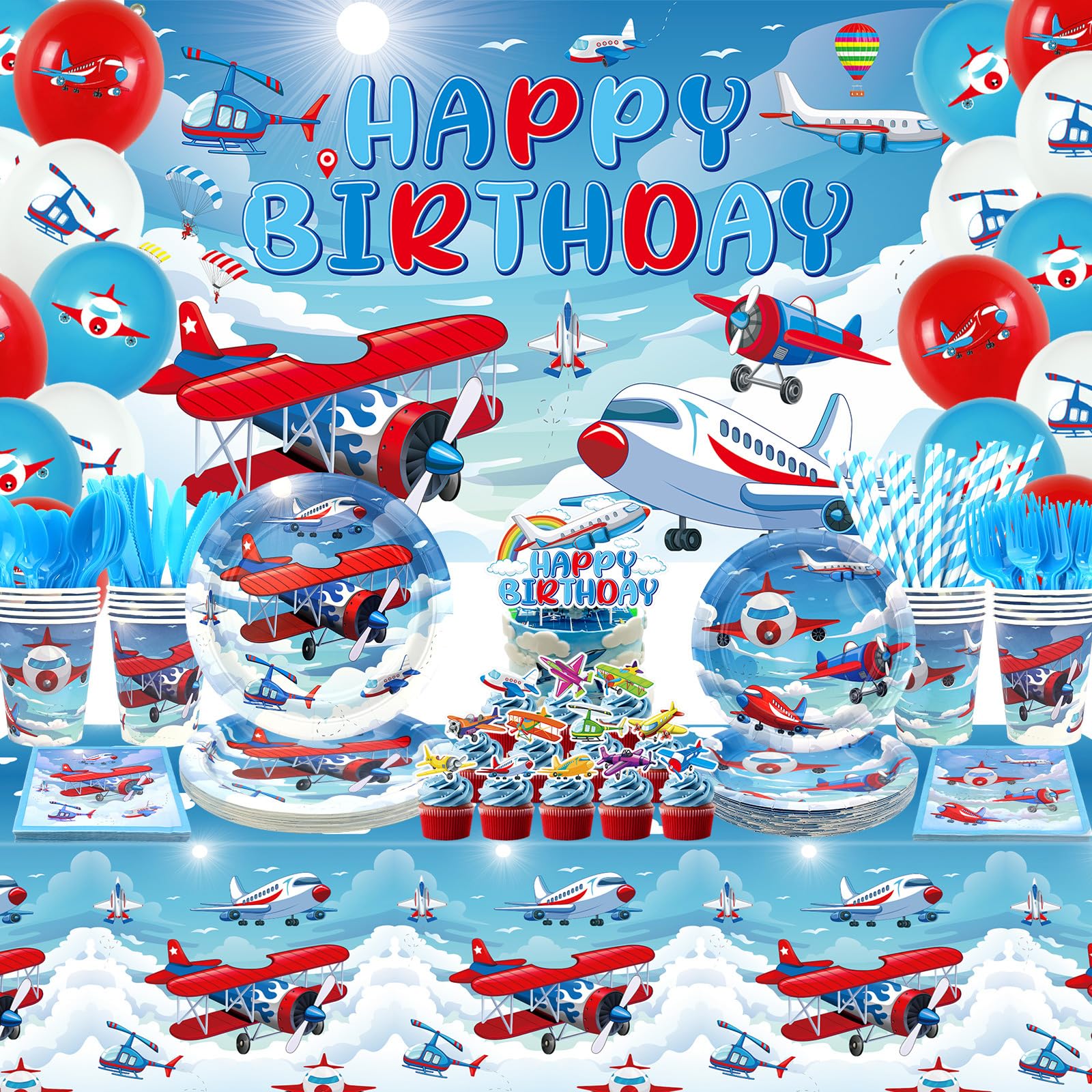 Airplane Birthday Party Decorations, Airplane Party Supplies, Plates Cups Napkins Tablecloth Happy Birthday Backdrop Balloon Cake Toppers for Plane