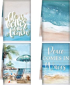 Bencailor 4 Pcs Beach Kitchen Towels Sea Beach Hand Dish Towels Blue Ocean Waves Fast Drying Absorbent Housewarming Gift for Christmas Home Cooking Kitchen Bathroom