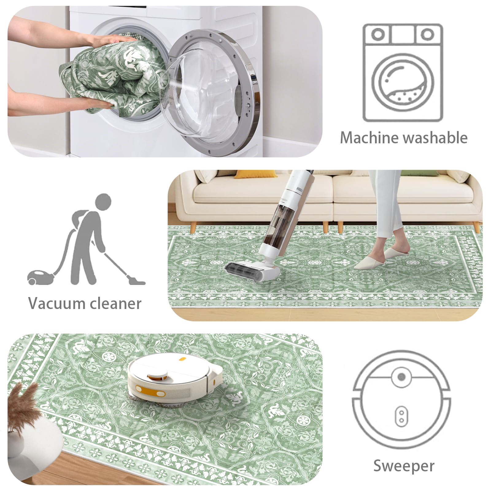 Alishomtll Living Room Area Rugs 60x110cm Anti-Slip Soft Faux Wool Vintage Rugs for Bedroom Washable Large Easy Clean Carpets Durable Floor Carpets Runner for Kids Room Hotel Home Green - Image 4