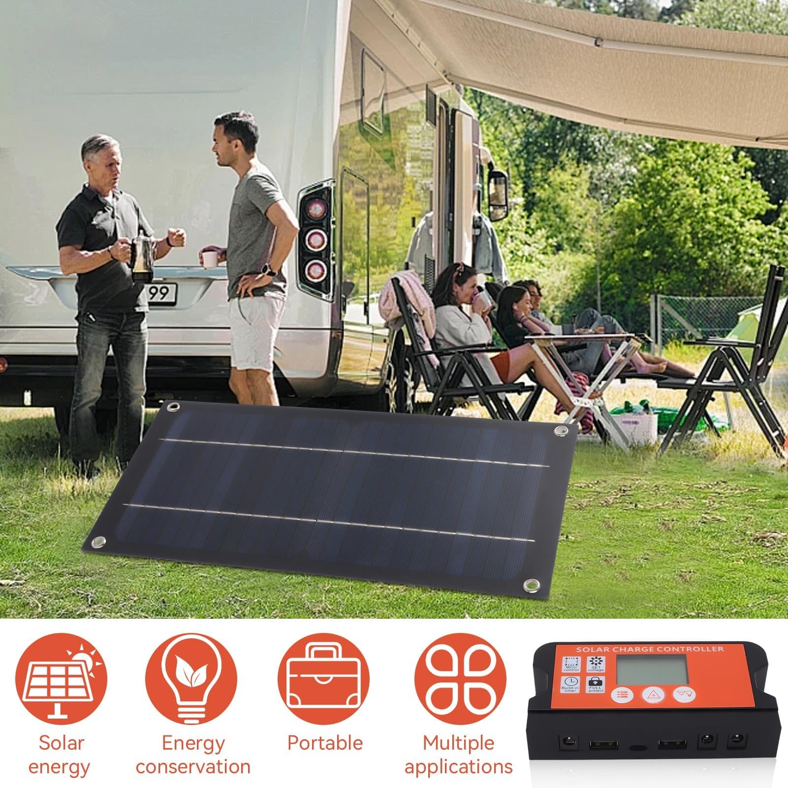 300×145mm Panneau Solaire, 20W 12/24V 100A Kit de Chargeur de Batterie de Panneau Solaire Kit de Panneau Solaire de Contrôleur de Charge avec Clip de Batterie de Câble D'extension