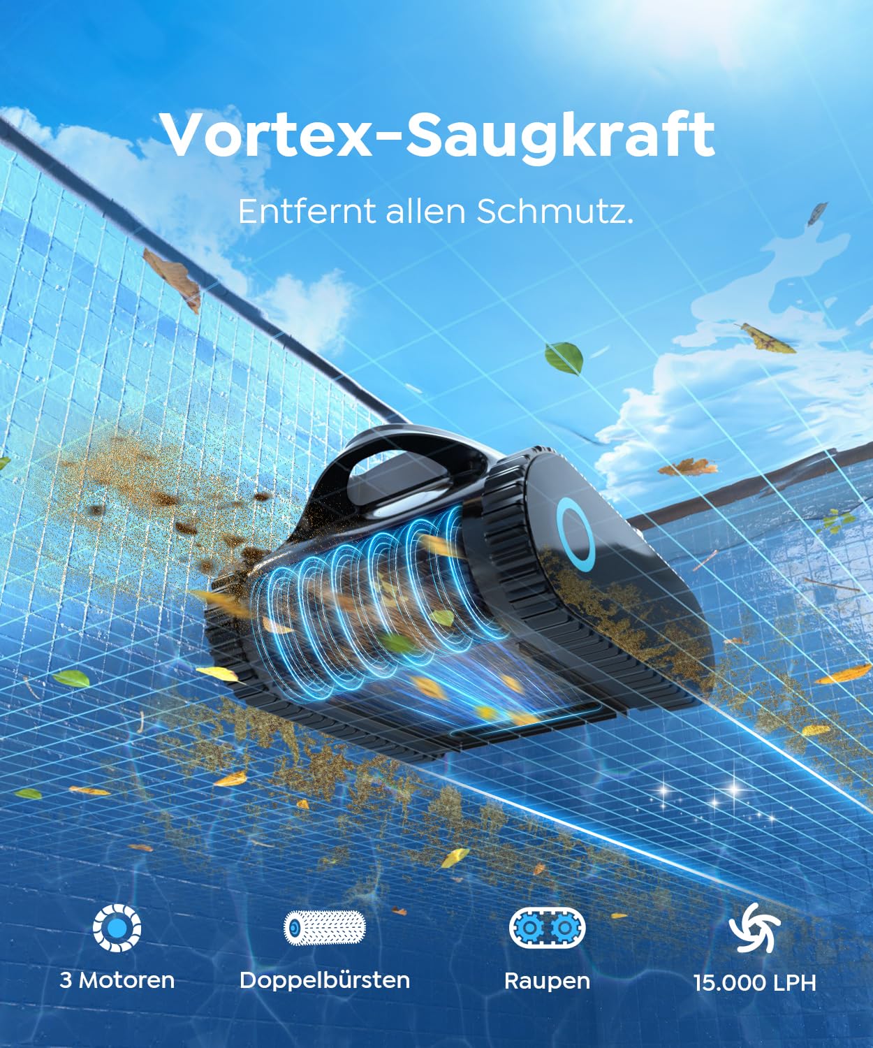 C1 Poolroboter Boden und Wand & Wasserlinie (2026 Neu) | Doppelfilterung, 180 Min. Akku, 7 Modi, App-Steuerung, bis 150 m², leichtes Entnehmen, für Süß- & Salzwasser