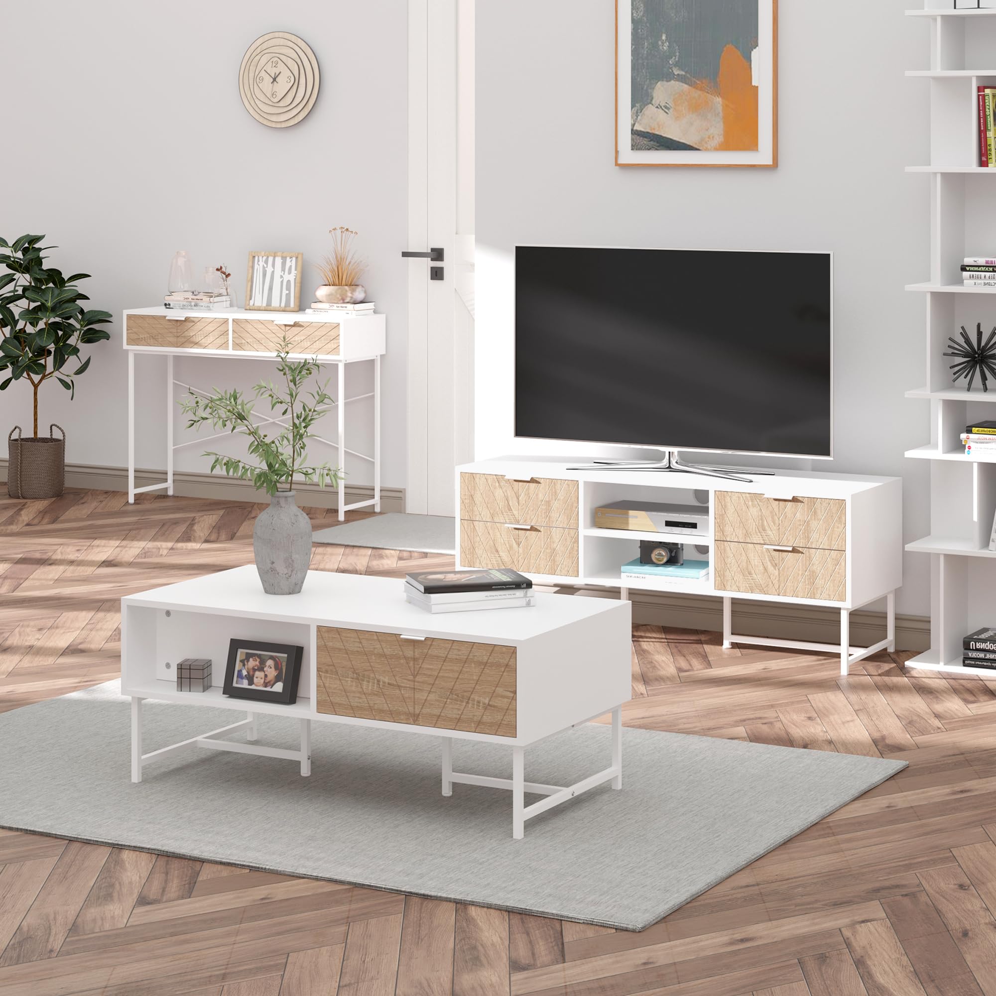 HOMCOM Table Console Industriel 2 Tiroirs Chêne Piètement Métal Blanc