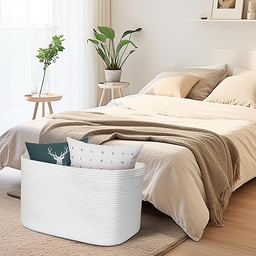 Miniatura 8 de Cesta de almacenamiento extra grande blanca, 23.6" x 17" x 12" rectangular para cobijas para sala de estar, cesta tejida de cuerda de algodón