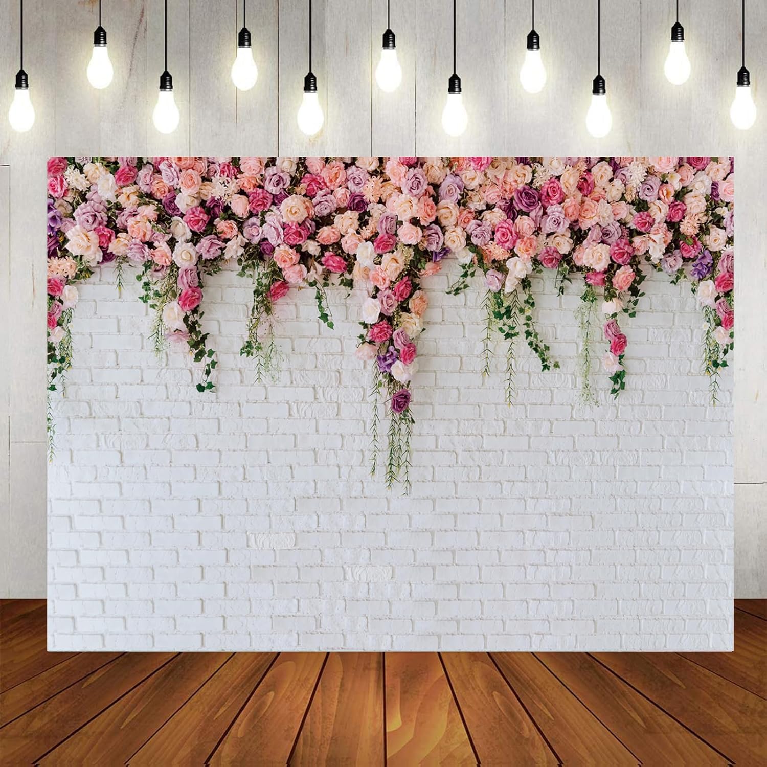 LTLYH 8x8ft White Brick Wall Flowers Background Spring Theme Photography Backdrop for Mother's Day Valentine Wedding Bridal Baby Shower Birthday Party Decor Banner Portrait Photo Booth Prop 134………
