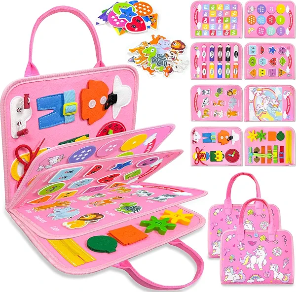 Walenty Busy Board Montessori Toys for Toddler Girl Birthday Gifts, Busy Book Sensory Learning Toys for Toddlers, Educational Activities Airplane Car Travel Toy for Girls