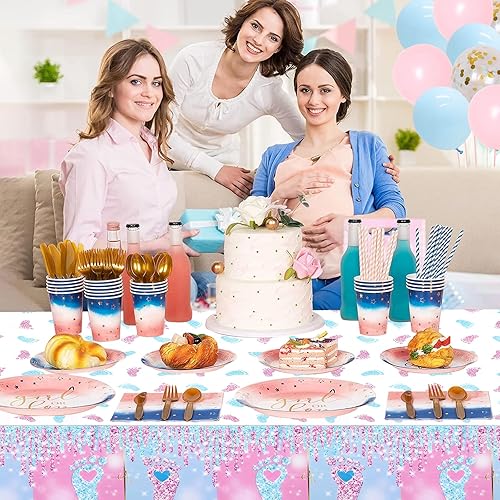 Miniatura 6 de PHOGARY Mantel de revelación de género para bebé, 3 piezas, decoración de revelación de género, mantel desechable rectangular de plástico rosa y