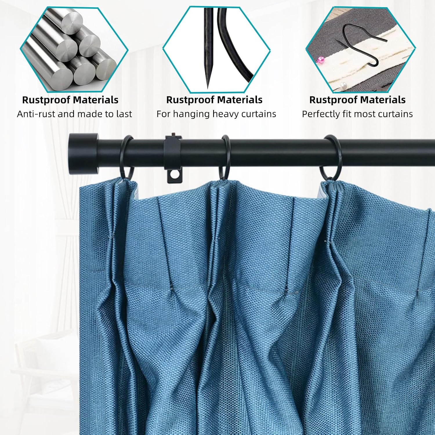 60pcs Metal Curtain Rings & Curtain Hooks, Black Curtain Hooks, 30mm Inner Diameter, Suitable for Windows, Shower Curtains, Living Rooms, Rooms