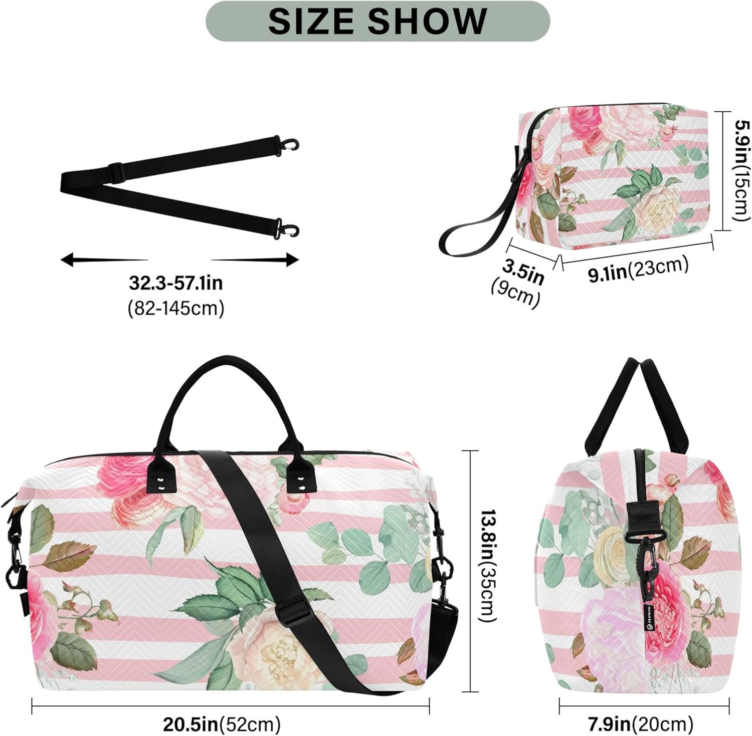 ホワイト ピンク ストライプ バラ トラベル ダッフルバッグ &amp; コスメポーチ 2 個セット、プリント ジム ダンス バッグ