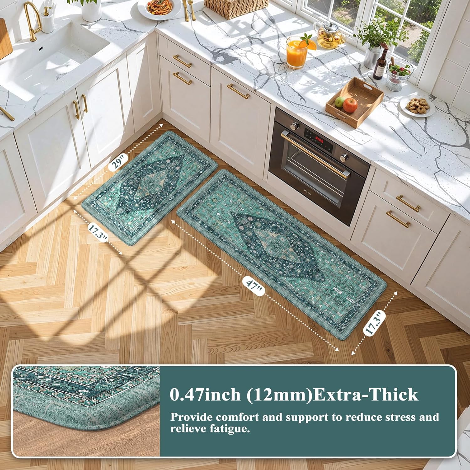 Collive Boho Kitchen Mats for Floor 2 Piece, Cushioned Anti Fatigue Kitchen Floor Mat Non-Skid Waterproof Under Sink Rug, Teal/Multi Comfort Standing Desk Rugs for Office, 17.3"x29"+17.3"x47"