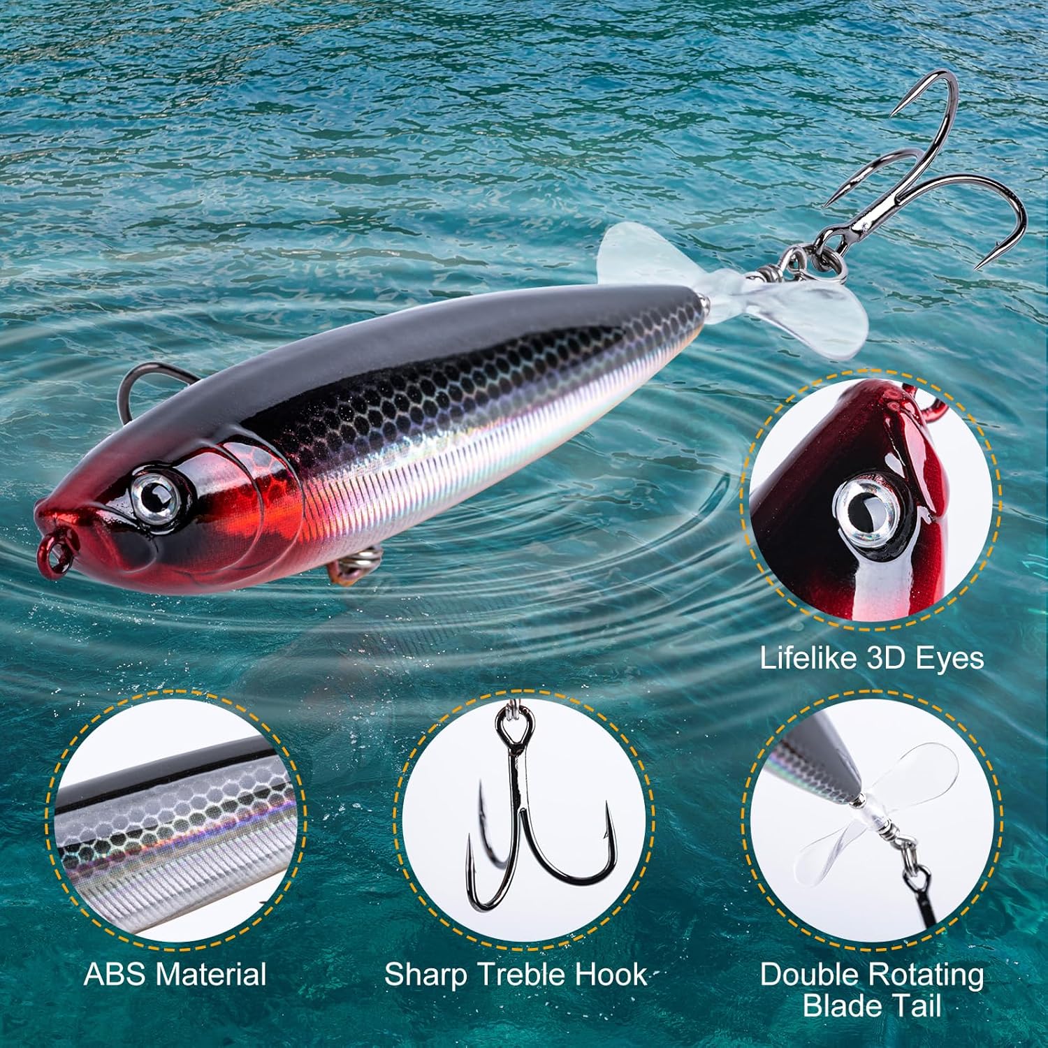 Goture Topwater Fishing Lures, Bass Popper Lure Kit, Top Water Plopper Fishing Lures with Double Blade Rotating Tail, Floating Lure for Freshwater Saltwater Bass Walleye Pike Catfish, Gifts for Men