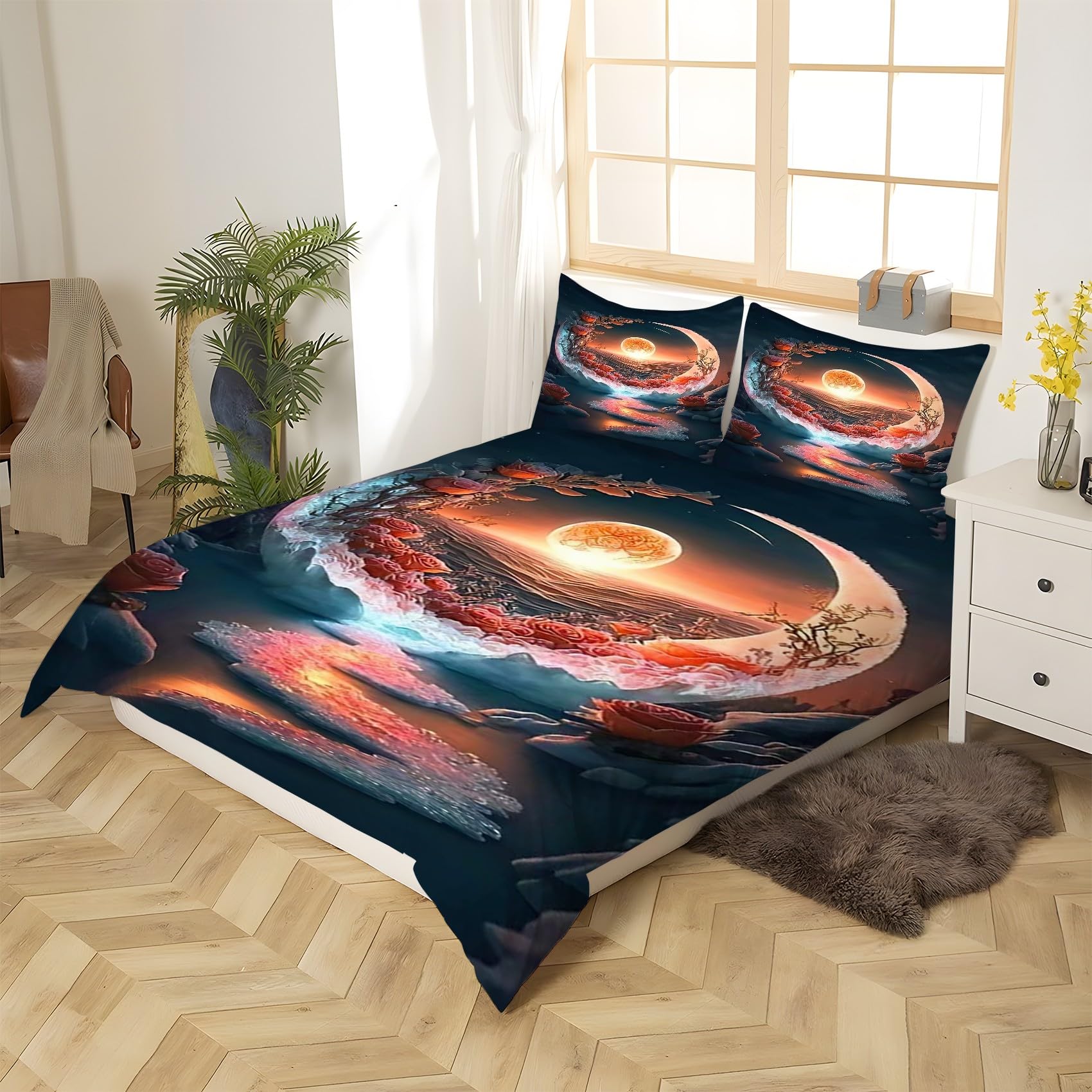 Moon Zestawy poszewek na kołdrę 155 x 220 cm róża jesień pościel mikrofibra poszewka na kołdrę 155 x 220 cm luksusowy zestaw pościeli z nadrukiem 3D poszewka na kołdrę z 2 poszewkami na poduszki 50 x
