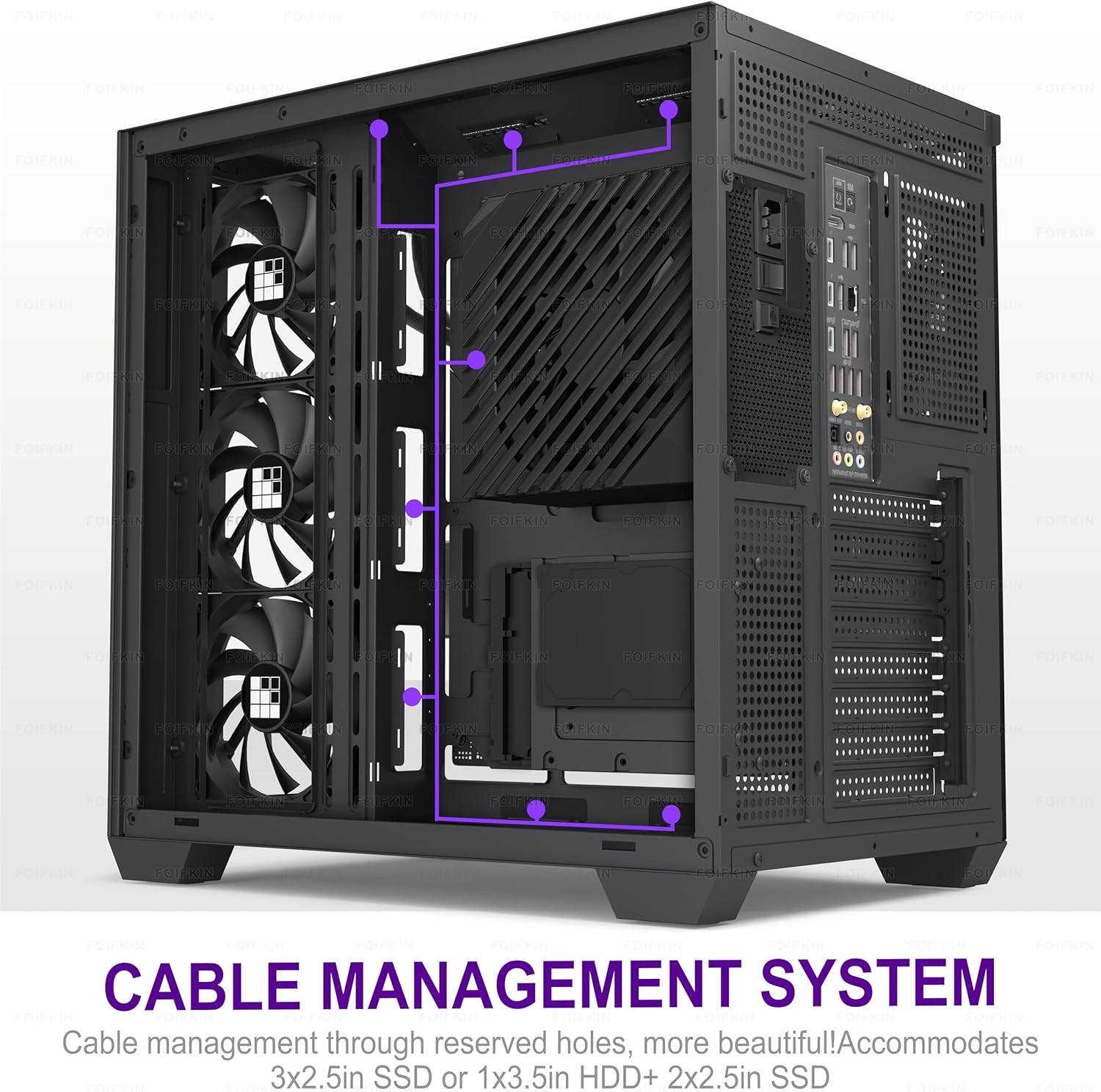 FOIFKIN F600 PC Case - Walnut Wood, Pre-Installed 7 No-LED Fan, ATX Mid-Tower Gaming PC Case, 270° Panoramic Glass with Type-C, FOIFKIN, Black
