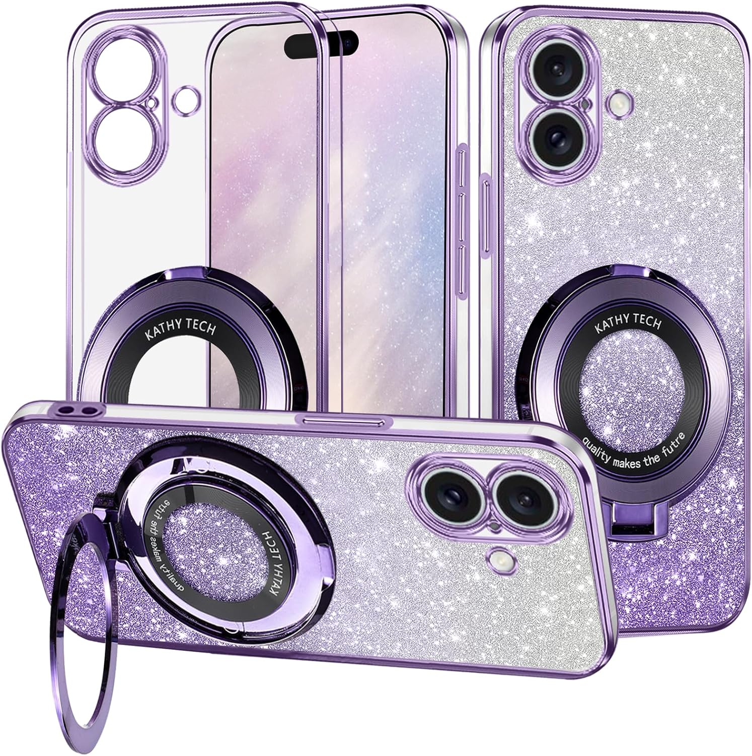 Custodia per iPhone 16 Plus con Supporto Magnetico ad Anello Rosa, Custodia Glitter per iPhone 16 Plus Cover Trasparente Lucida in Silicone Slim Antiurto Morbida (Viola)