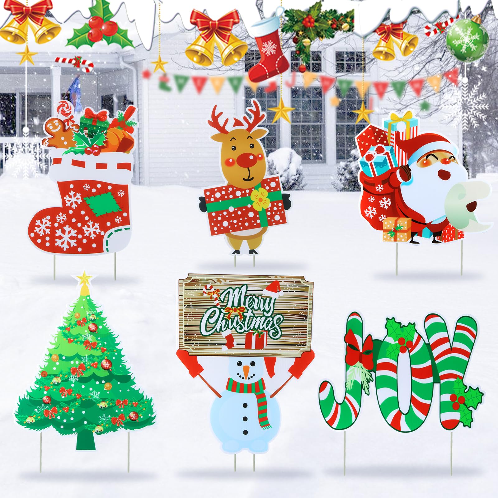 dellyy 6 Letreros de Navidad para Patio, Decoración de Navidad de Jardín Letreros con 12 Postes, Letreros de Jardín de Navidad, Letreros de Navidad para Césped (Nieve, Papá Noel, Ciervo)