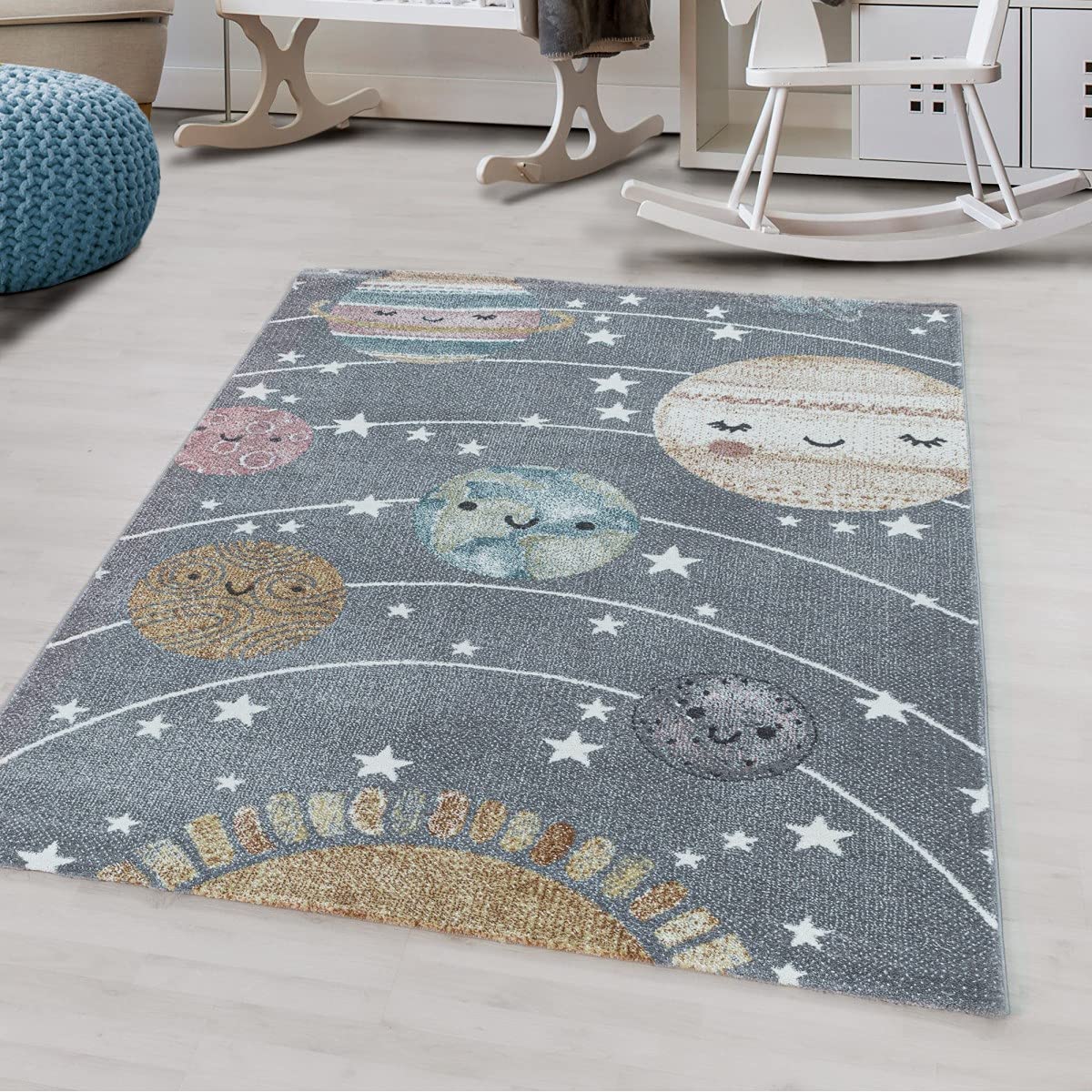 Tapis enfant lune et soleil gris 160x230 cm | Collection Espace
