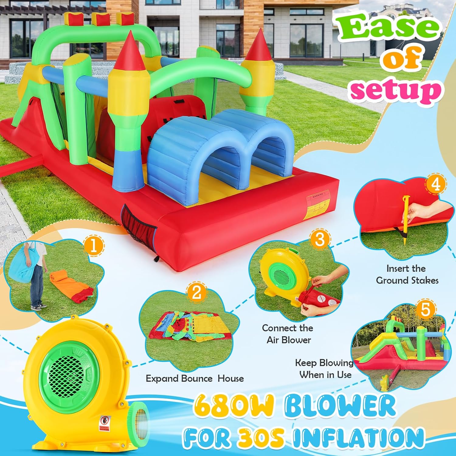 Whubefy Large Bounce House for Big Kids 8-12, 18.5ftx8.2ft Inflatable Obstacle Course Bouncy House for Kids 3-6, Outdoor Indoor Bouncehouse Jump Castle W/Slide,Tunnel,Climb,Bouncer Area, 680W Blower