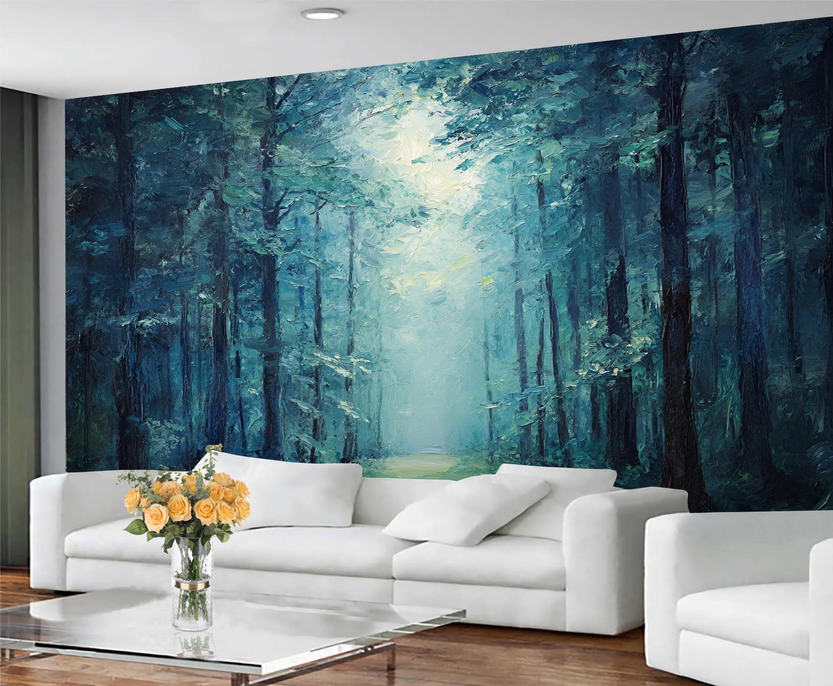 GIVLWF Blue Forest Wallpaper Mural & Wall Decor, Misty Woodland Bedroom Wallpaper, Cool Tone Wall Paper for Living Room, Non-Self-Adhesive Nature Murals for Walls