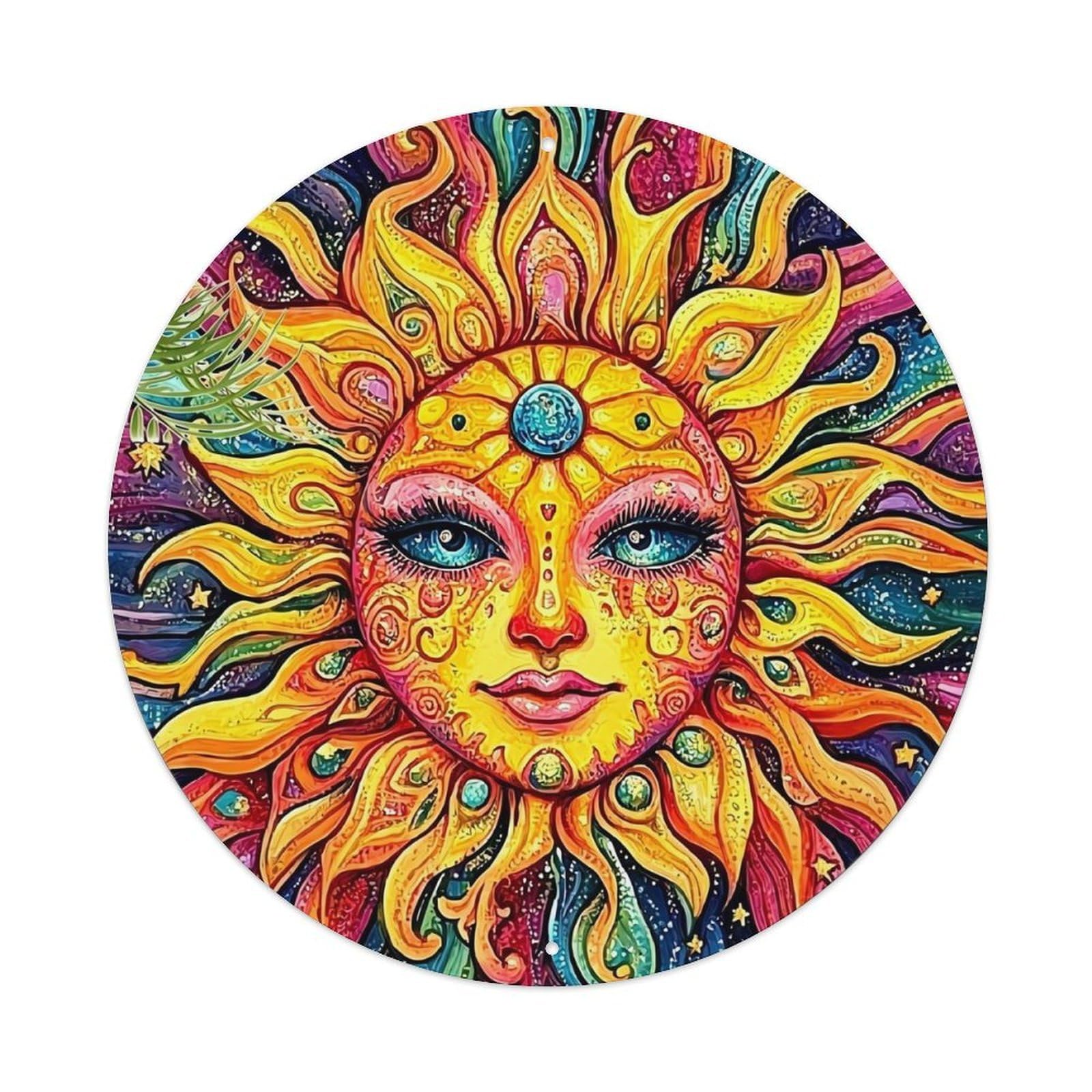 Vibrant Sun Face Mandala Art Retro Metal Tin Sign, Vintage Metal Poster for home, Gaming Room, Studio Workshop,Bar,Garage Wall Art Decor 8x8 inch
