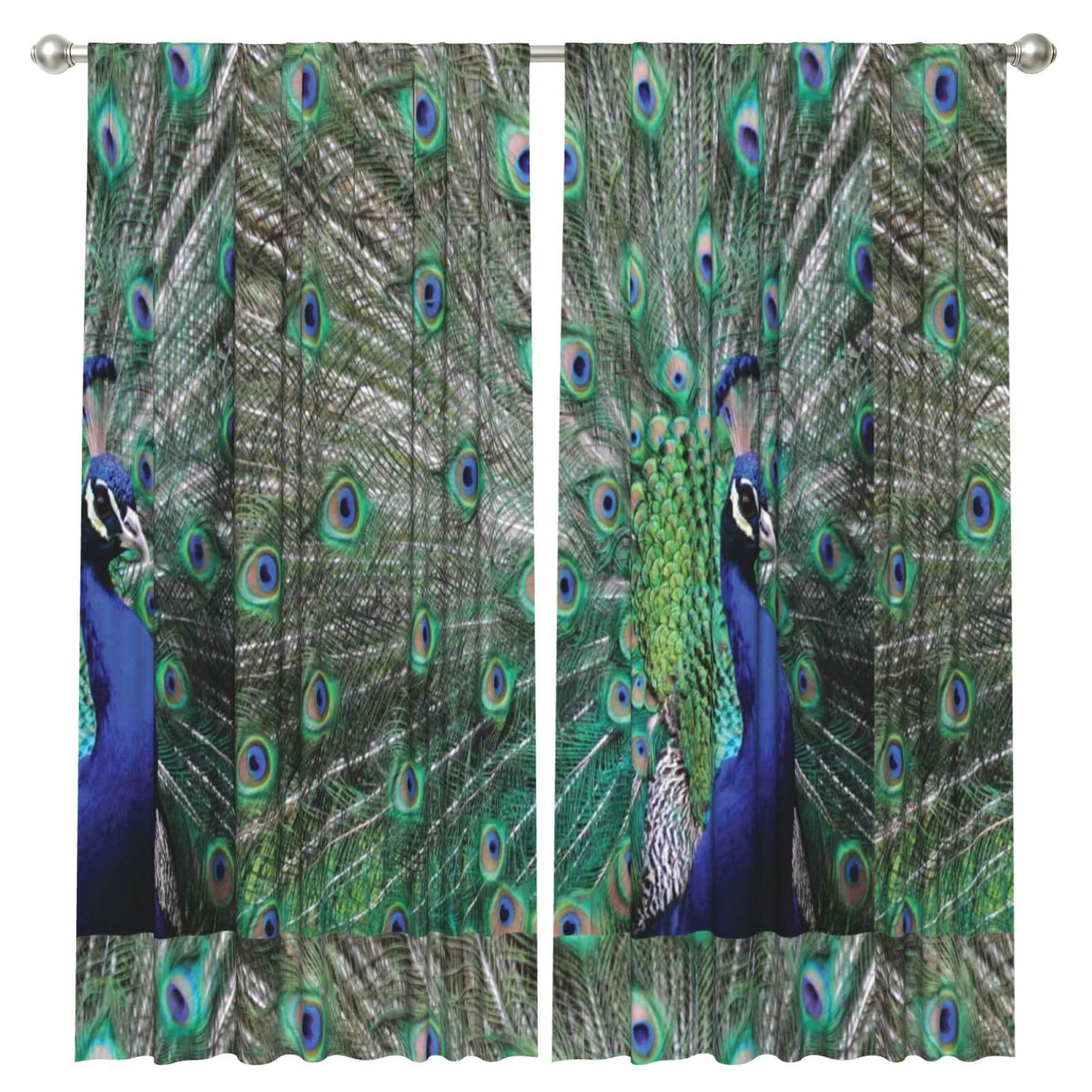 InOmak Peacock Displaying Feathers Open Wings, 2 Panels Window Curtains 52 x 84 Inch Blackout Curtains for Living Room Bedroom
