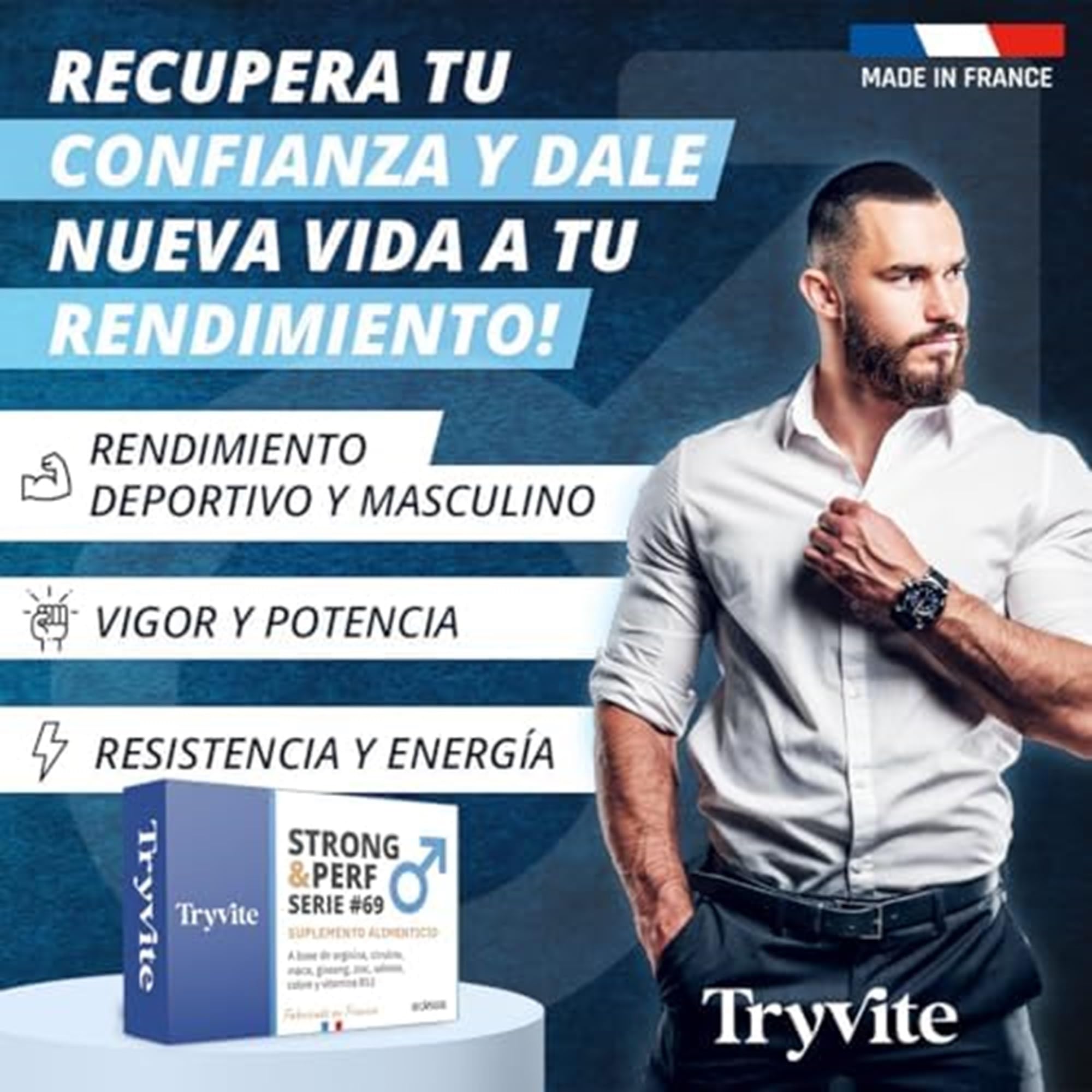 Fórmula Práctica para Hombres Activos | 60 Cápsulas con Ginseng, Maca, Arginina, Citrulina y Zinc | TRYVITE STRONG&PERF
