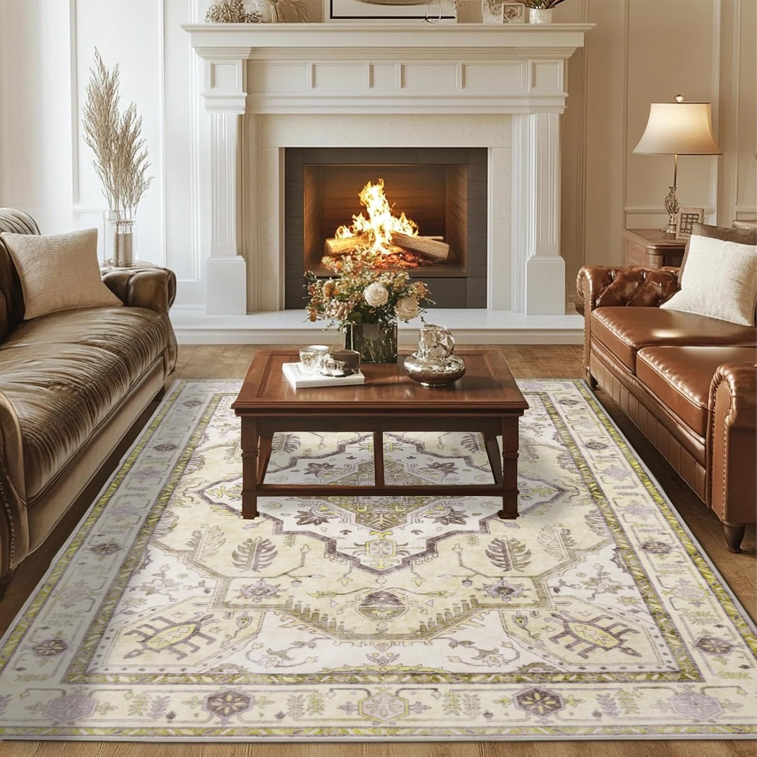 Area Rug - Washable Floor Cover Mat, Non-Slip Ultra Soft Carpet Stain Resistant Low Pile Rugs, Boho Home Decor for Living Room, Bedroom, Dinning Room, 5x7'Geometric Dark Brown