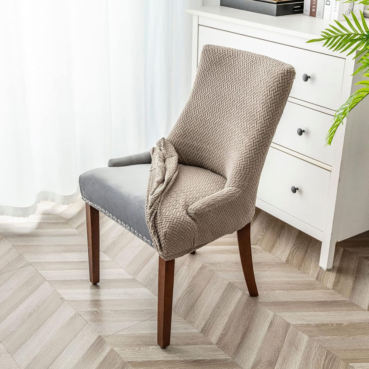 TOPCHANCES 2 Pack Wingback Side Chair Cover,Stretch Stripes Rhombic Geometric Wingback Chair Covers Slipcover Banquet Chair Cover Arm Chair Protector Accent Chair Covers for Home Party Weeding Decor