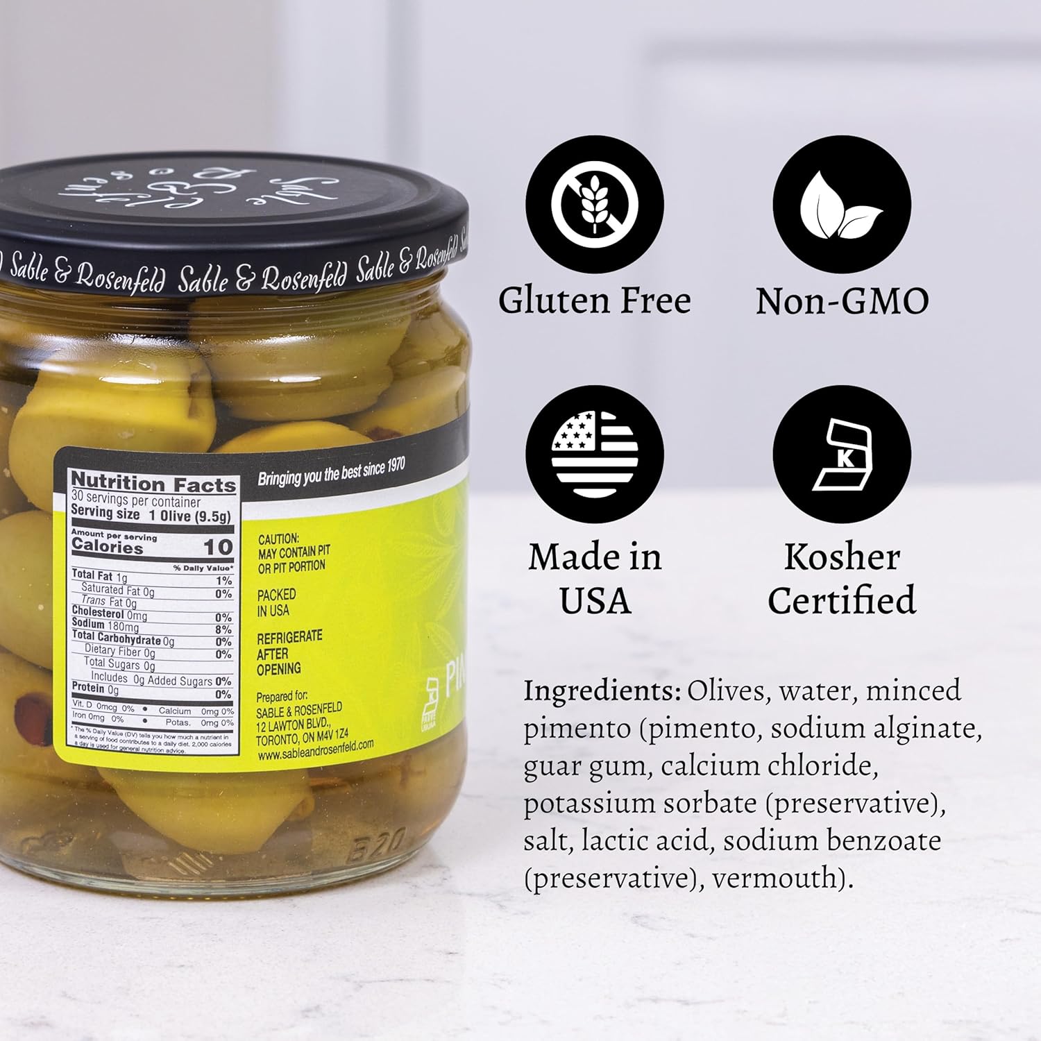 Sable & Rosenfeld Vermouth Tipsy Pimento Olives for Martinis 10.6 oz Jar (Pack of 6), Spanish Colossal Olives, Kosher, Non-GMO, Gluten-Free Cocktail Garnish