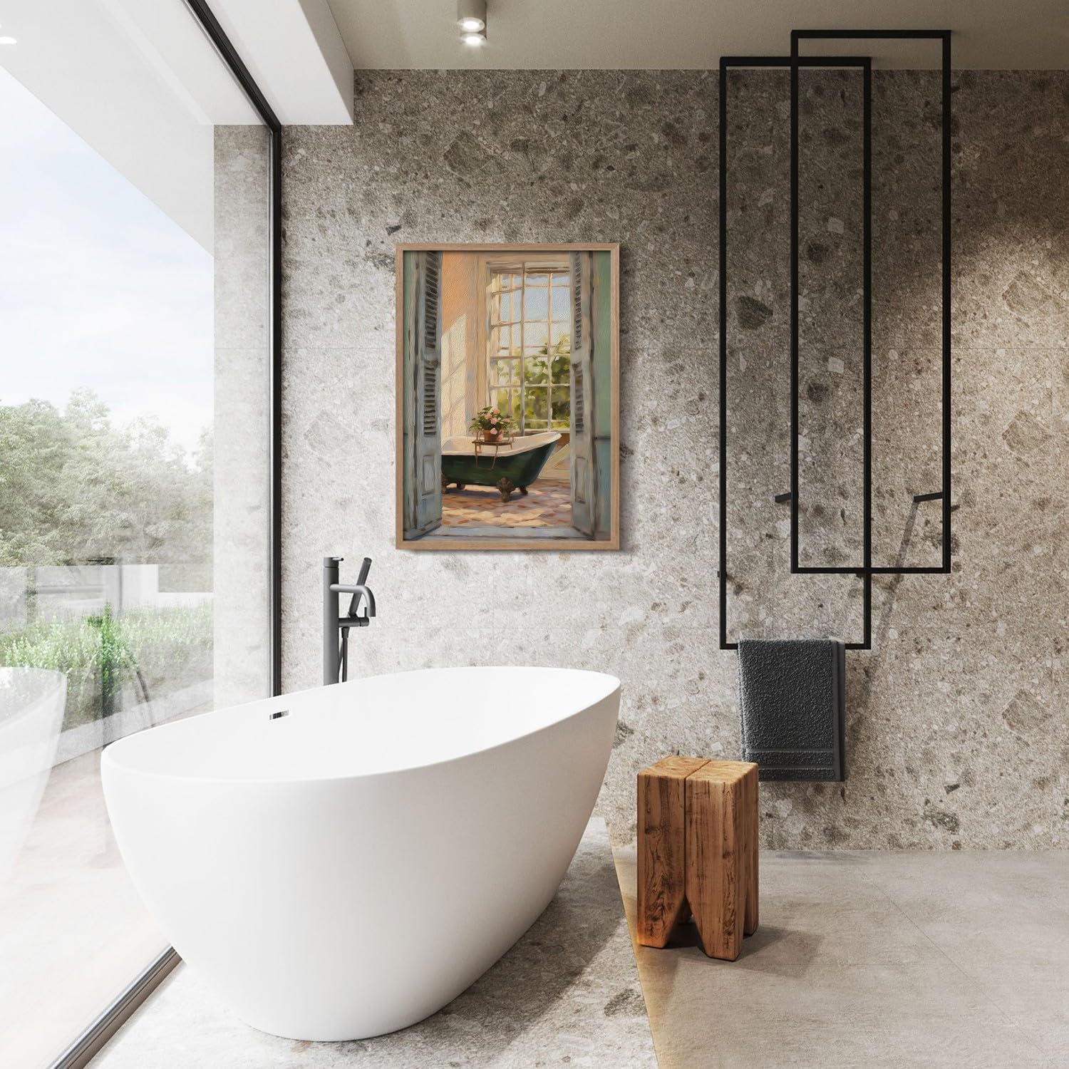 Framed Vintage Canvas Wall Art Print Classical Bathroom Bathtub Poster Flowers Gallery Style Picture Home Decor Rustic Bathroom farmhouse Apartment 16X24 Inch Ready to Hang