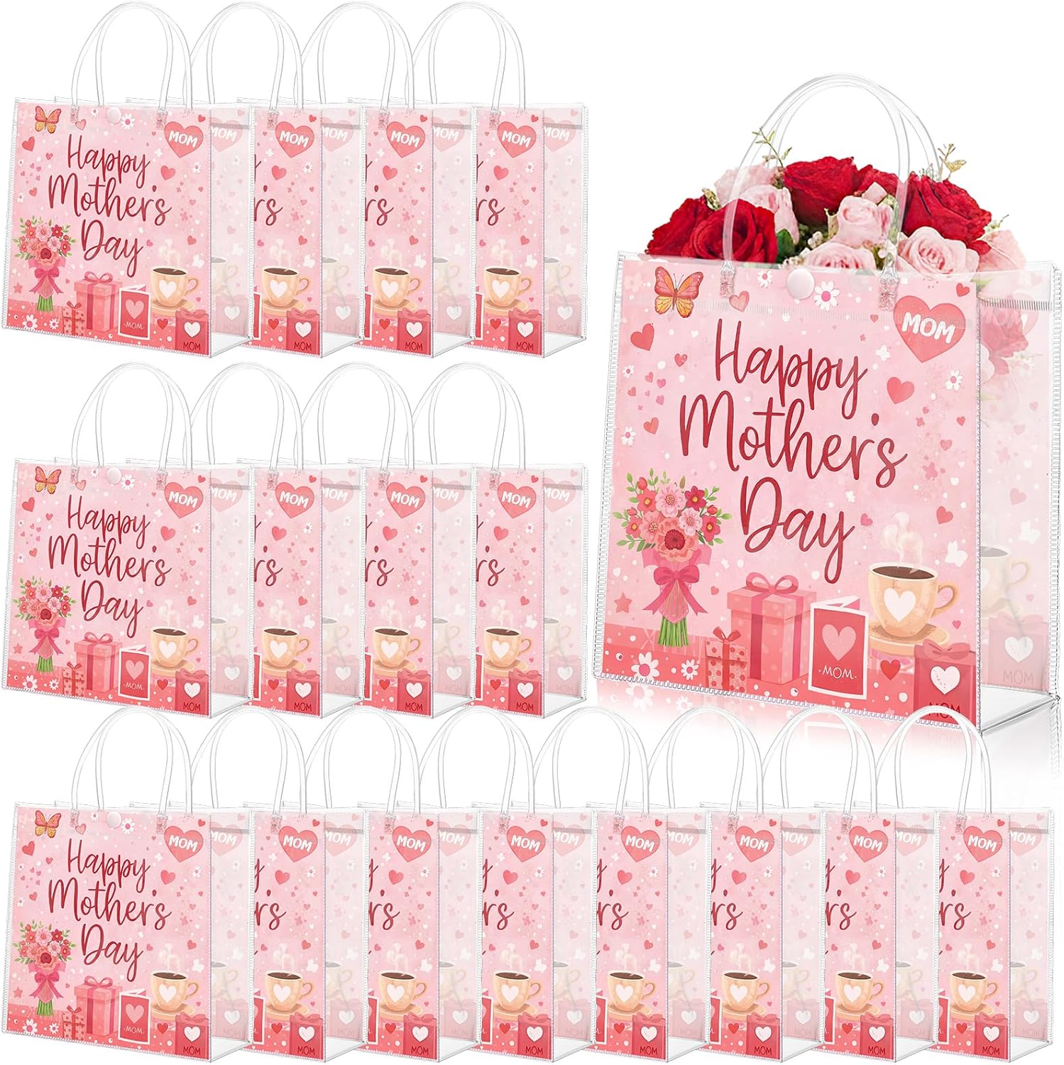 Sweetude 24 Pcs Mother's Day Party Favor Bags Bulk Pink Happy Mother's Day Clear PVC Gift Bags with Handles 7.87 x 3.1 x 7.87 Inch Double Sided Reusable Treat Wrapping for Mom Grandma