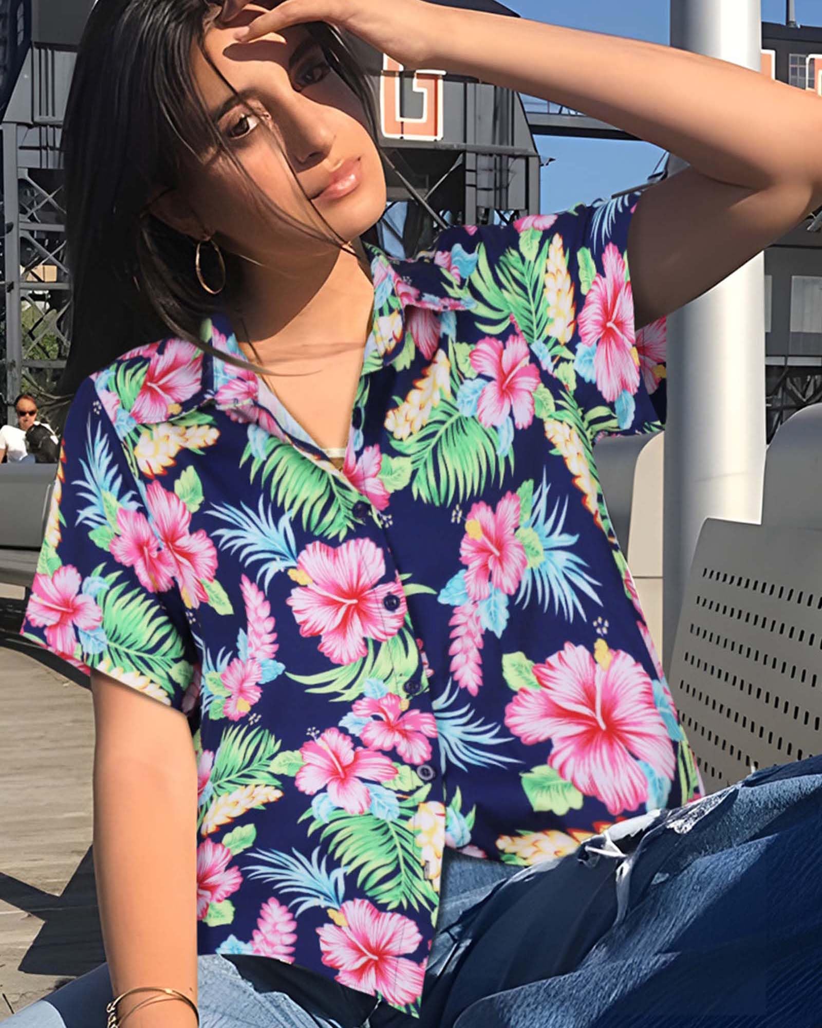 Gosunny Hawaii Hemd Damen Sommer Tropical Hawaiihemd Floral Kurzarm Strand Blusen mit Knöpfe