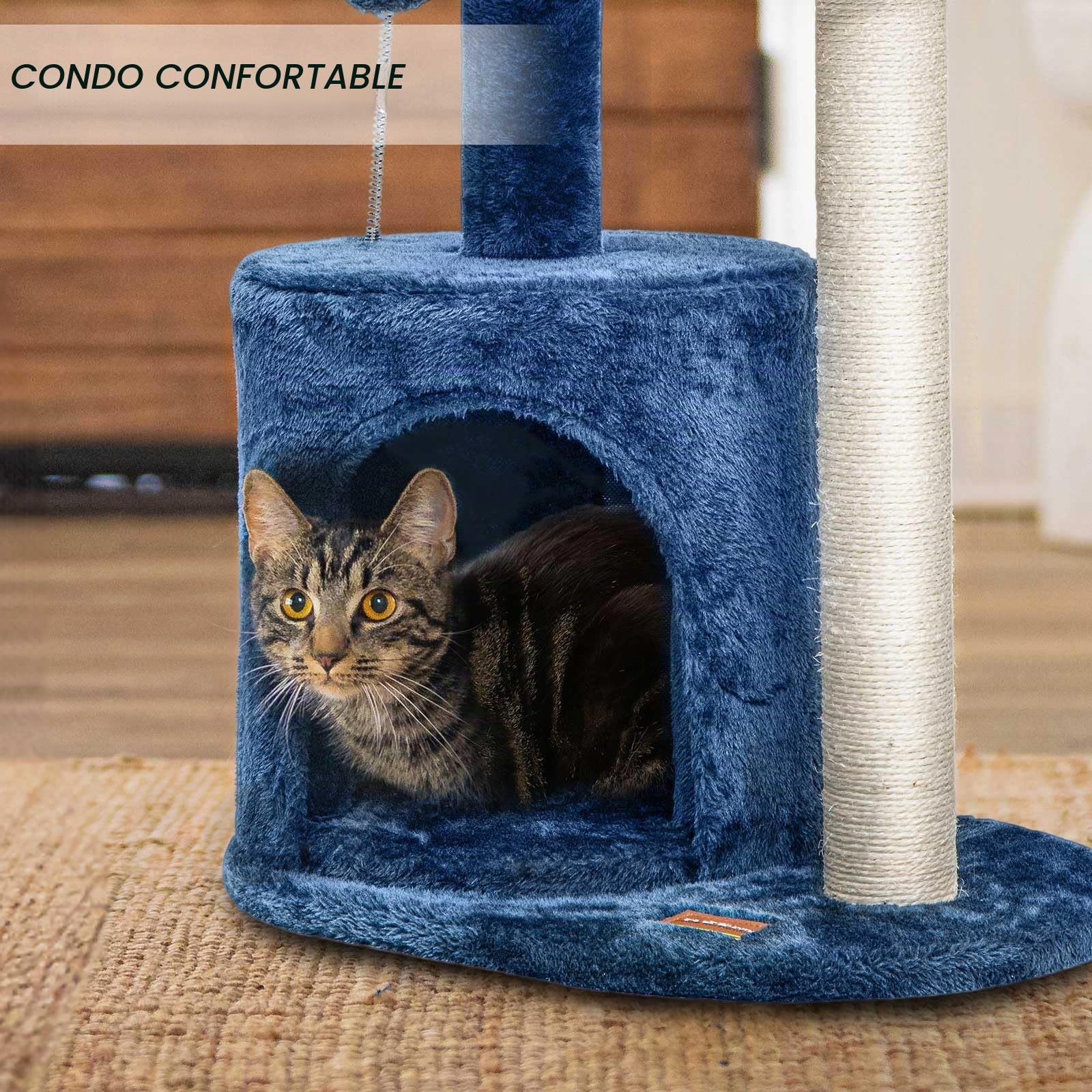 ClevaHome Arbre à Chat Bleu Denim pour Petits Chats – Arbre à Griffer Multi-Niveaux 85 cm avec Perchoirs Douillets, Jouet Pompon et Poteaux Sisal pour Chatons d’Intérieur