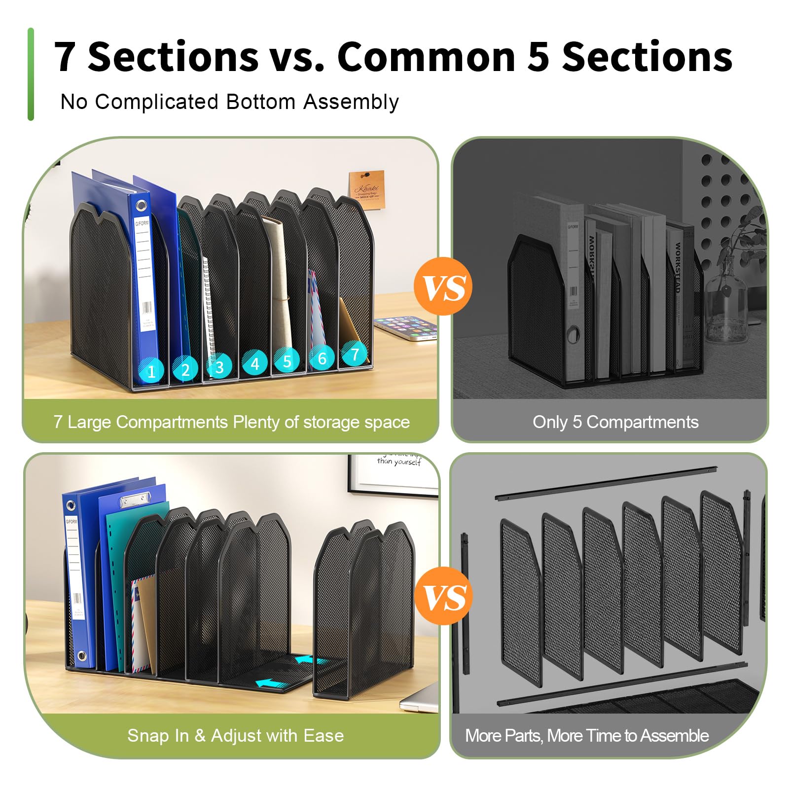 FANXIYQ Organizer per cartelle di file a 7 sezioni nero per scrivania - Porta file verticale in metallo, organizer per file desktop Supporto verticale, rack per cartelle lettere/A4, organizer per