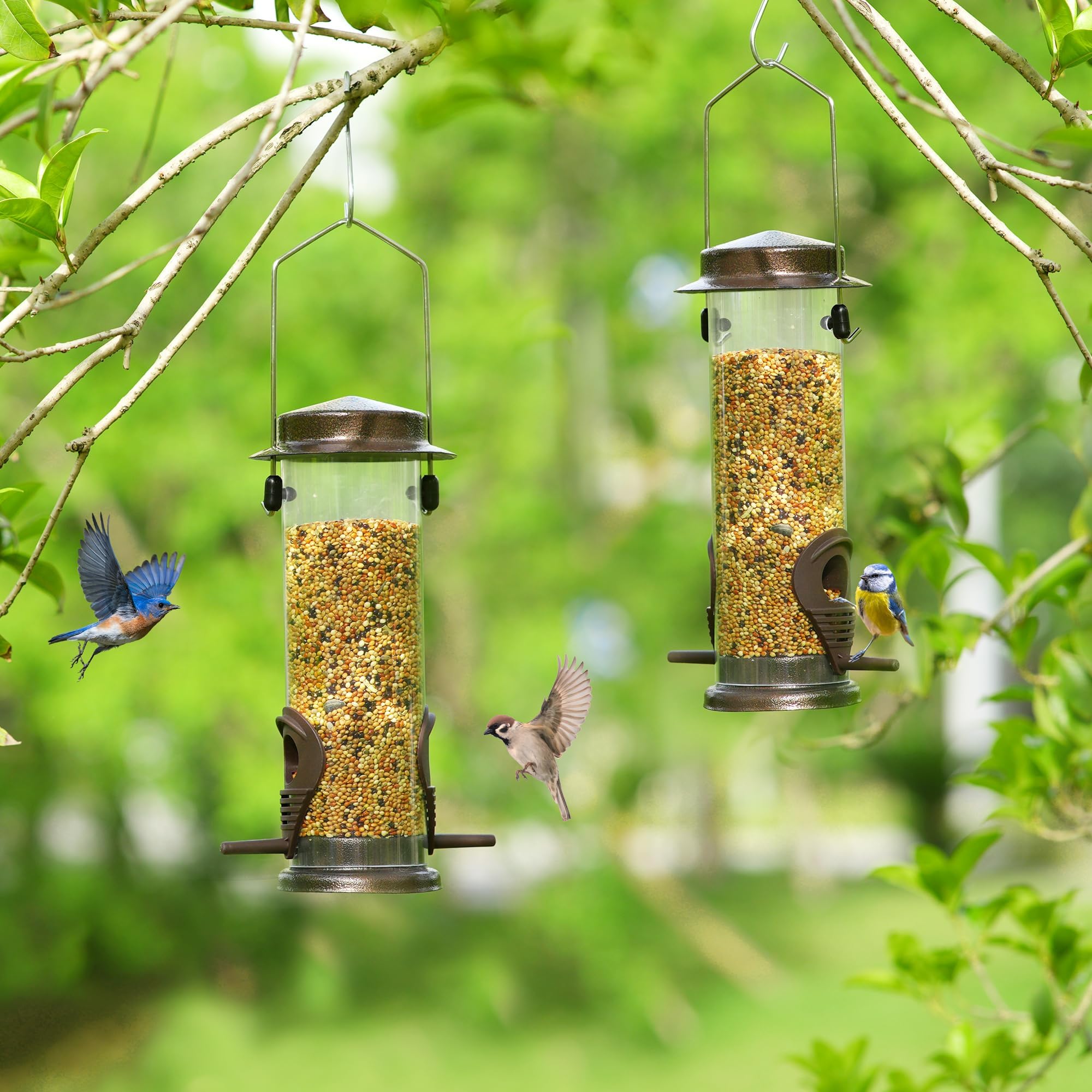 Lot de 2 mangeoires à oiseaux suspendre métal jardin - 2 ports - Résistantes intempéries - Café