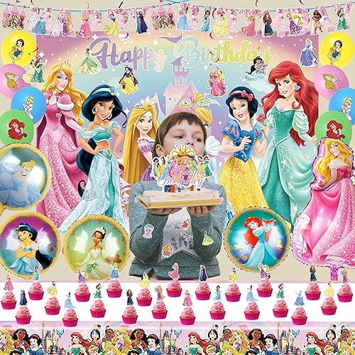 Miniatura 7 de Decoraciones de fiesta de cumpleaños de princesa, incluye pancartas, mantel, telón de fondo, calcomanías, adornos para pasteles, remolinos