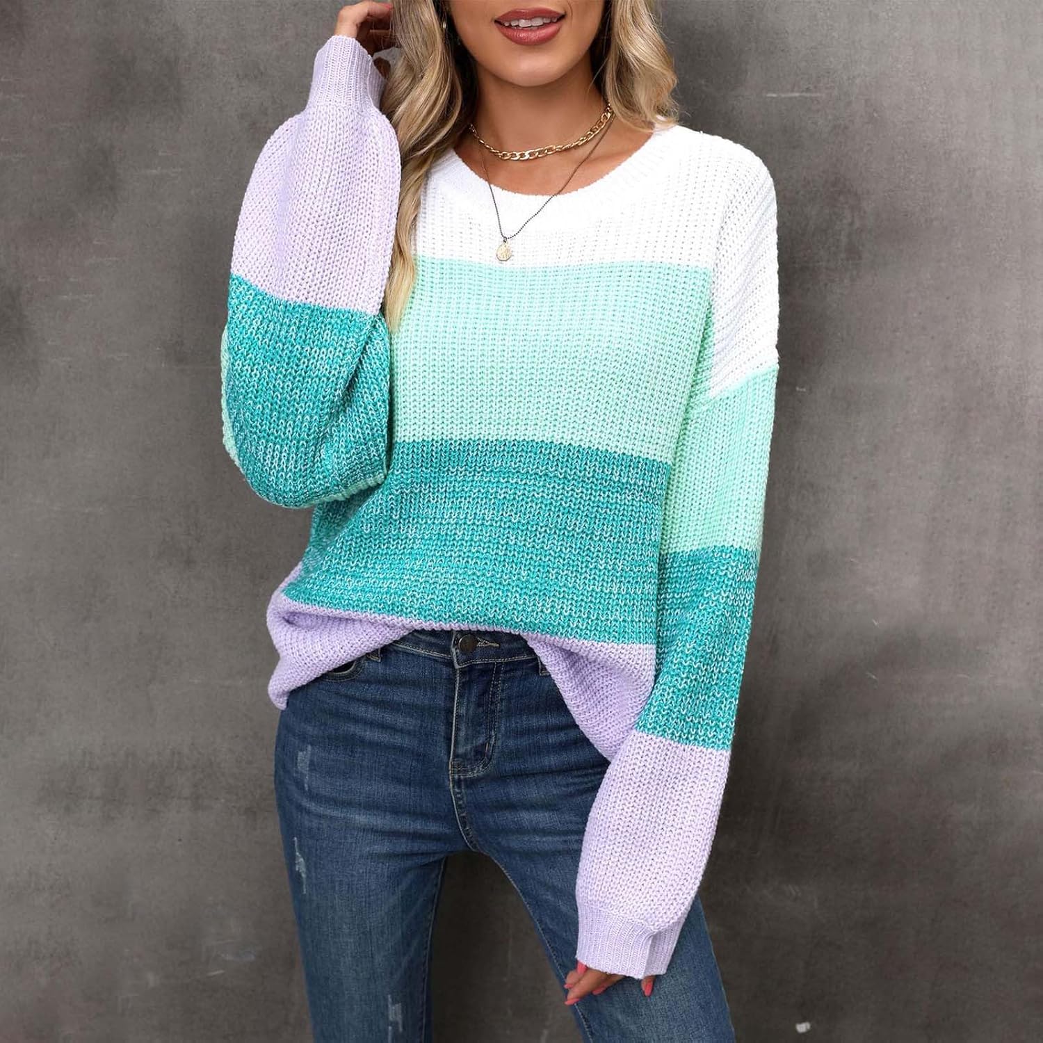 Womens Striped Color Block Sweater Long Sleeve Crewneck Casual Loose Fit Soft Knit Sweater Soft Jumpers Pullover Tops