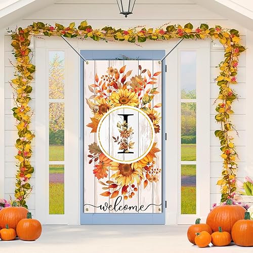 SENSEVEN Bandera con monograma de letra I para puerta, gran cubierta de puerta con letra inicial de girasol de Acción de Gracias, apellido familiar,