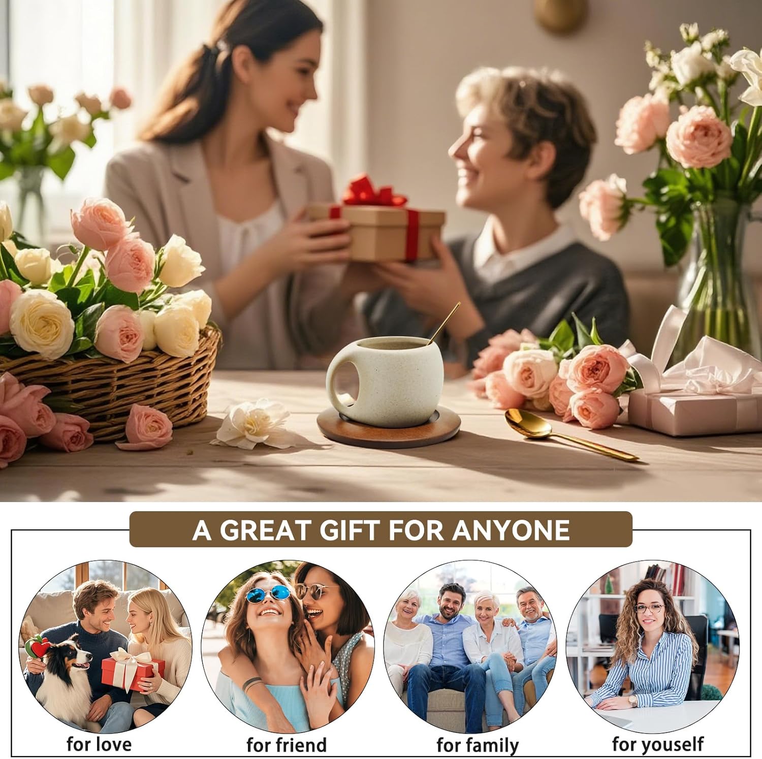 Ceramic Coffee Mug Set with Natural Wood Saucer & Spoon - 8.5 Oz Elegant Tea Cups for Latte, Hot Tea, Cappuccino, Milk - Microwave & Dishwasher Safe Cups for Men Women Birthday Christmas Gifts - Image 7