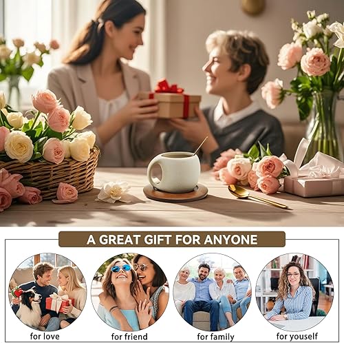 Miniatura 7 de Juego de tazas de café de cerámica con platillo de madera natural y cuchara, tazas de té elegantes de 8.5 onzas para café con leche, té caliente,