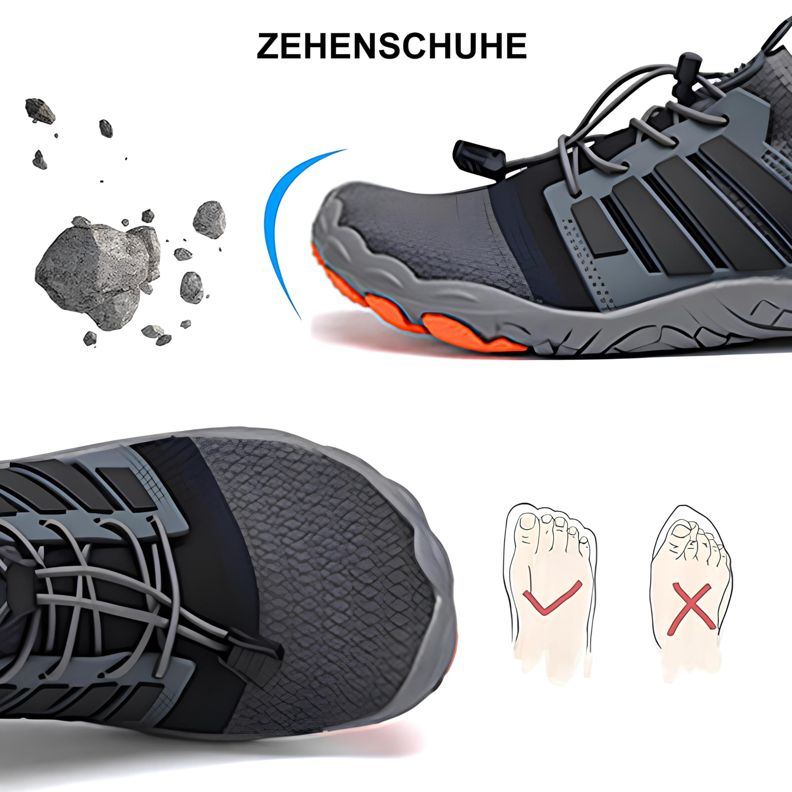 RUYI Unisex Barfußschuhe Damen Herren Traillaufschuhe, Weich Leicht Fitnessschuhe mit rutschfest Sohle & Breiter Zehenbox, Schnell Trocknend Badeschuhe, A35 Grau, 40 EU