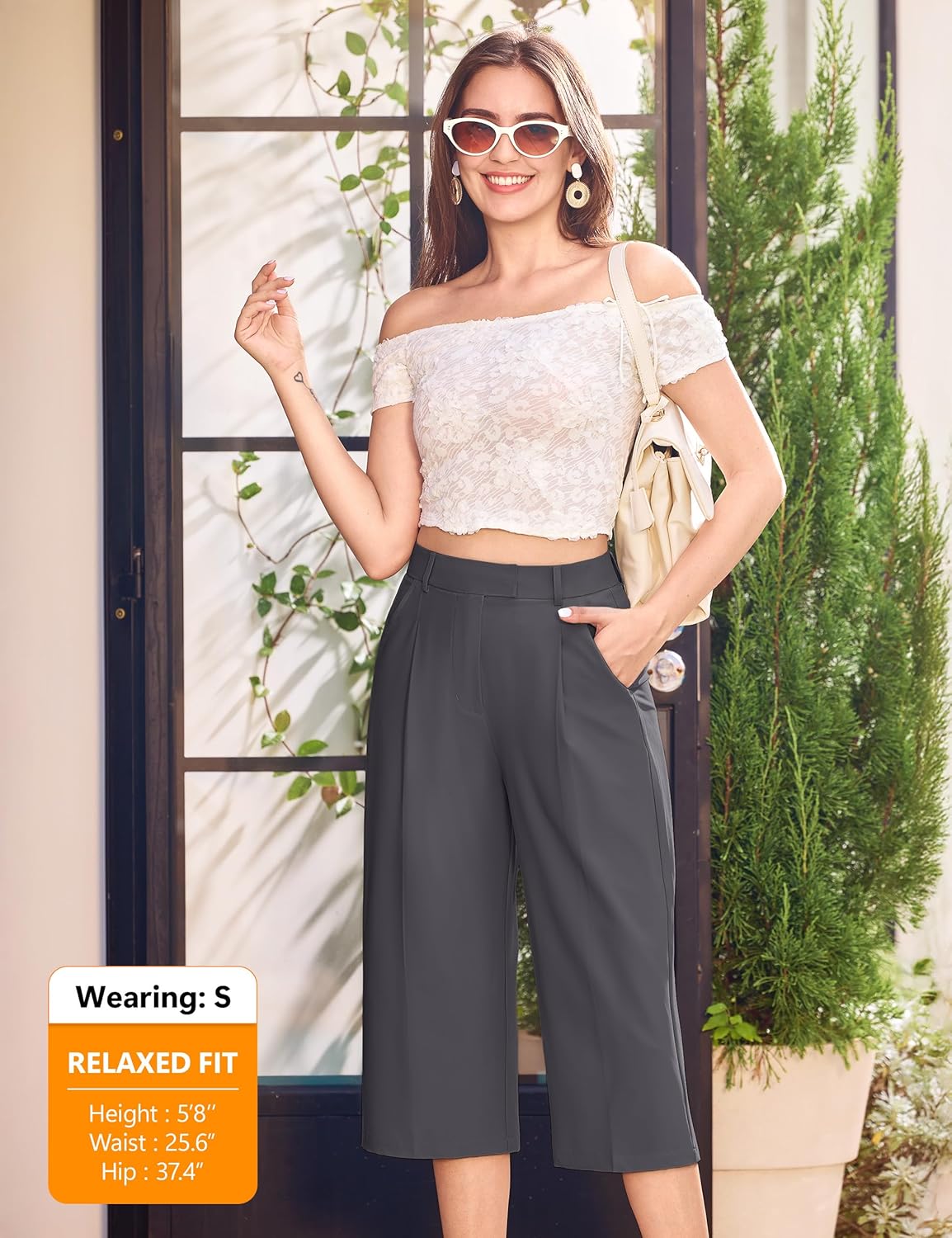 18'' Capri Pants for Women Relaxed Fit Dressy Capris Pant Pleated Business Casual Work Trousers with Pockets - Image 2