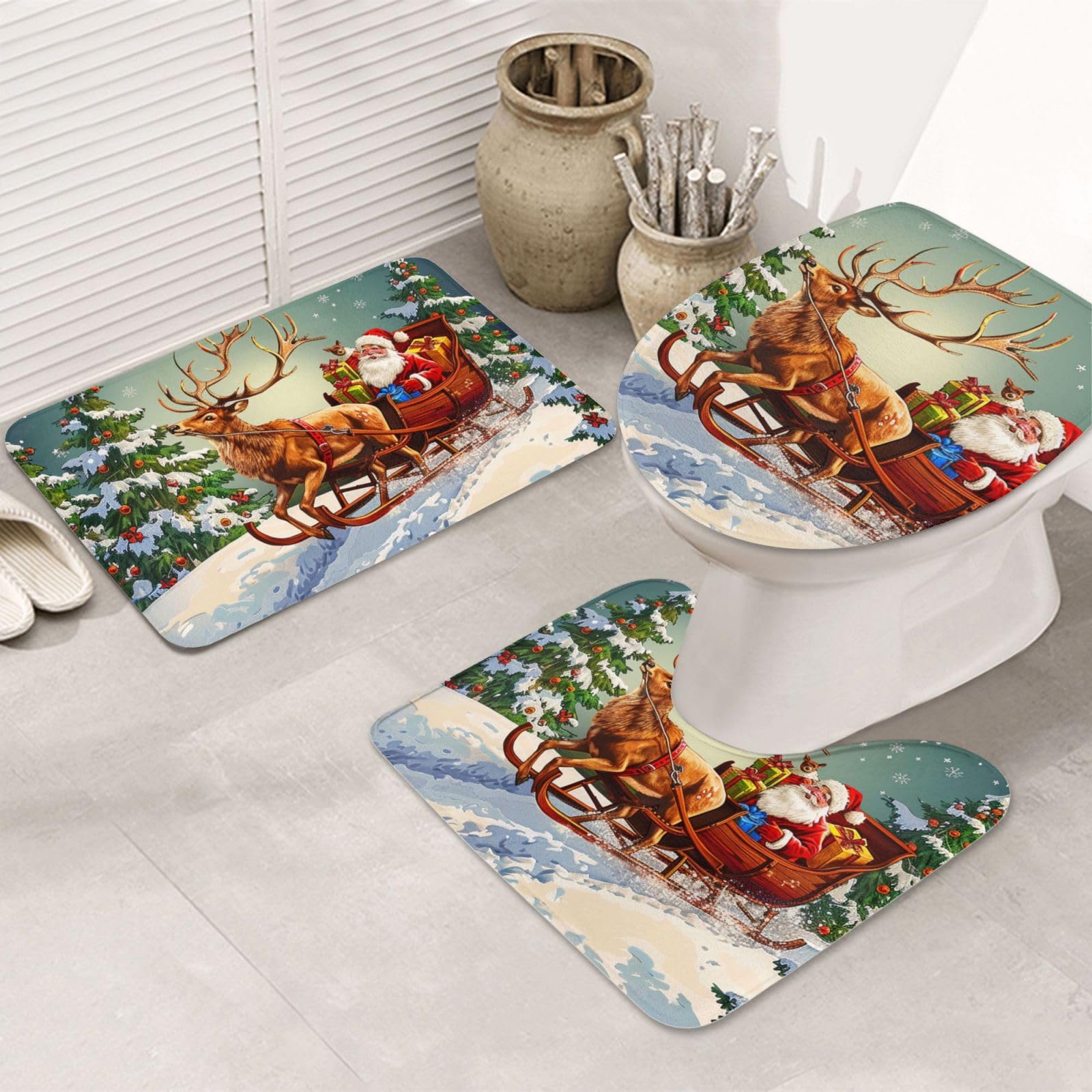 Tapis de bain antidérapant lot de 3 flanelle absorbant et contour WC Noël