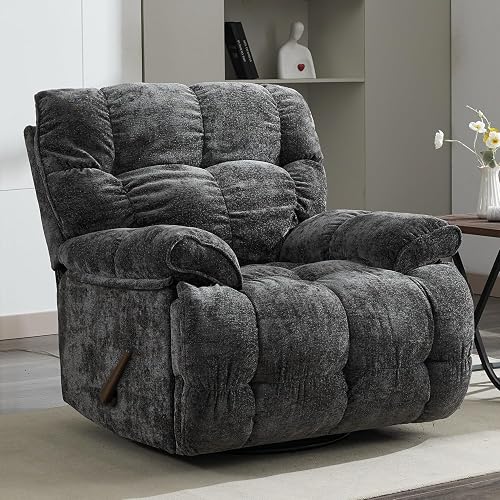 Oversized Swivel Rocker Recliner Chair, Manual, Gray | Extra Wide Recliner, Big Man Recliner, Soft Chenille Fabric, Quick Assembly, For Living Room, Bedroom