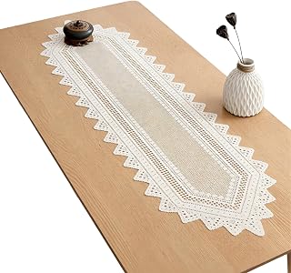 White Lace Table Runner 33×110cm, Cotton Crochet Table Runner with Geom...